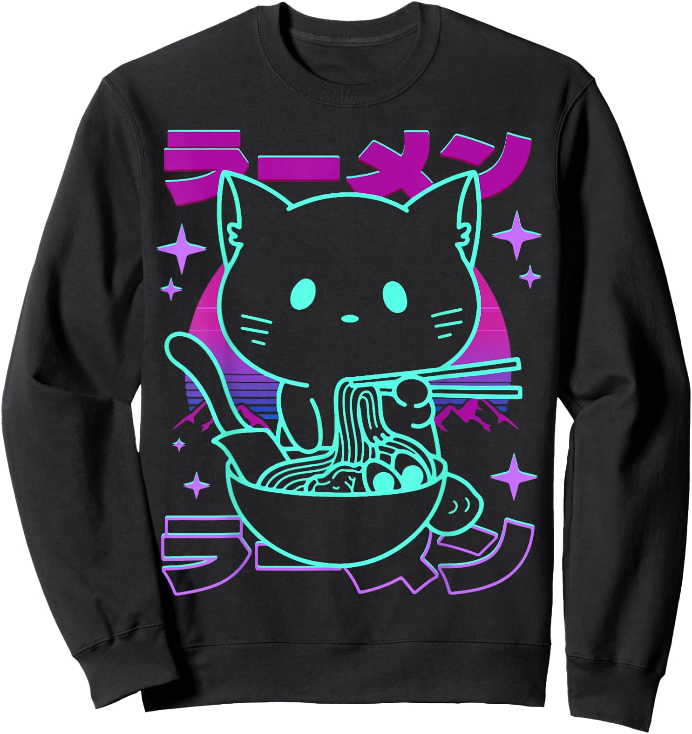 Anime Ramen Cat Retro Japanese Noodles Aesthetic Kawaii cat Sweatshirt - Sweatshirt | Black