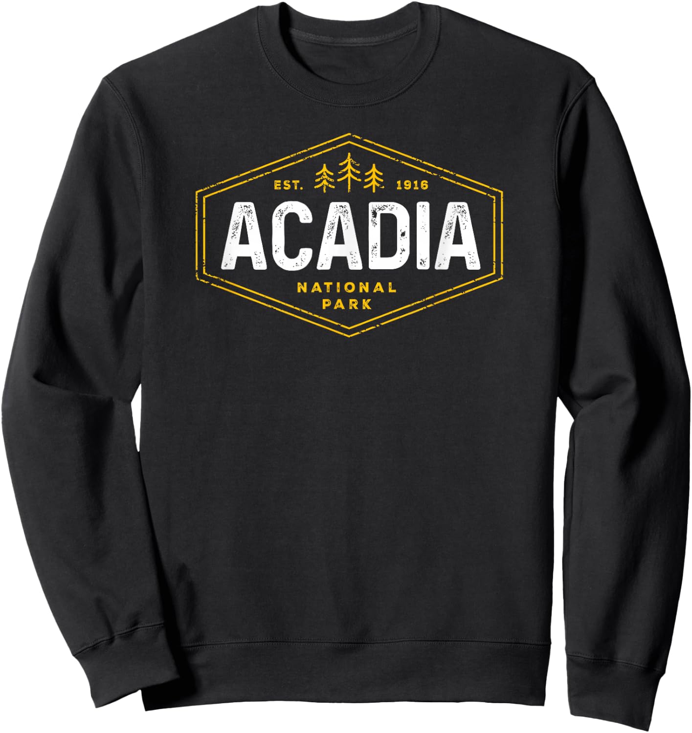 Acadia National Park Shirt Vintage Tree Hexagon Badge Hiking Sweatshirt - Sweatshirt | Black