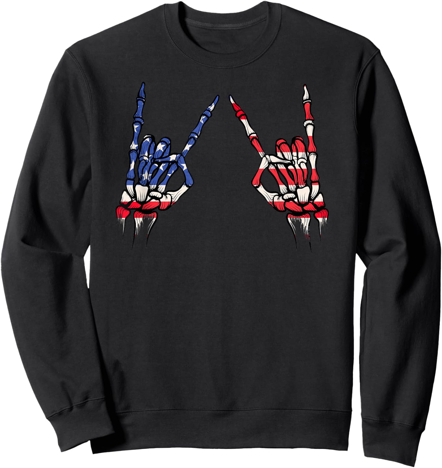 Patriotic USA Flag Skeleton Rock On Devil Horns 4th of July Sweatshirt - Sweatshirt | Black