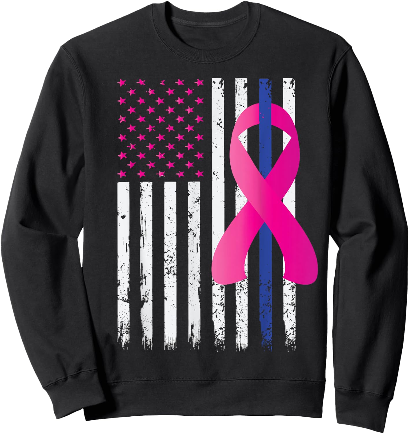 Breast Cancer Awareness Thin Blue Line Vintage Police Flag Sweatshirt - Sweatshirt | Black