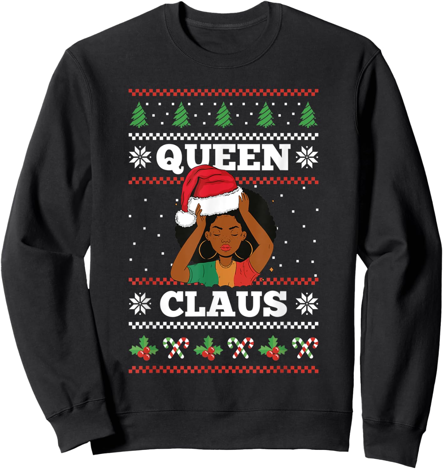 Queen Claus Afro African American Santa Women Ugly Christmas Sweatshirt - Sweatshirt | Black