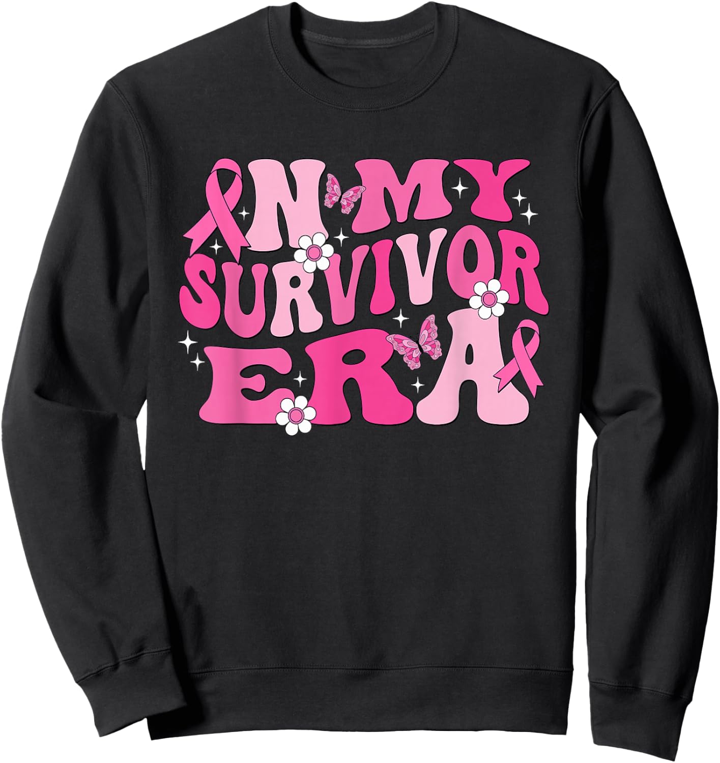 Groovy In My Survivor Era Pink Ribbon Breast Cancer Sweatshirt - Sweatshirt | Black