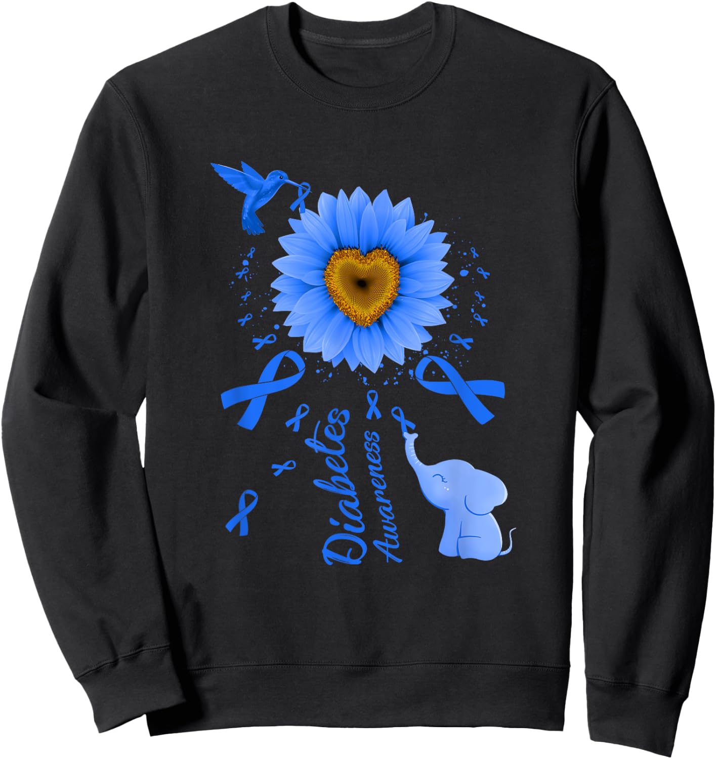 Sunflower Hummingbird Elephant Diabetes Awareness Sweatshirt - Sweatshirt | Black
