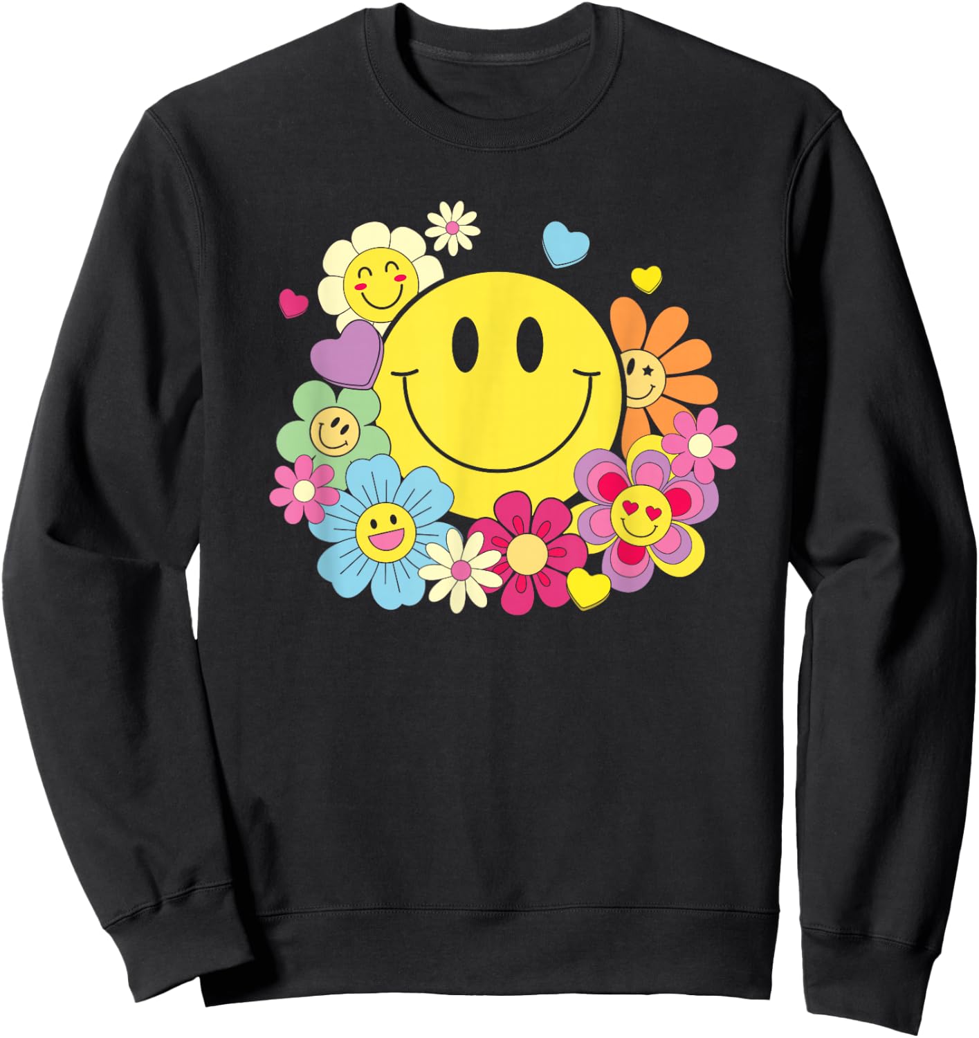 Cute Smile Face Flower Happy Face Flowers Heart Kids Girls Sweatshirt - Sweatshirt | Black