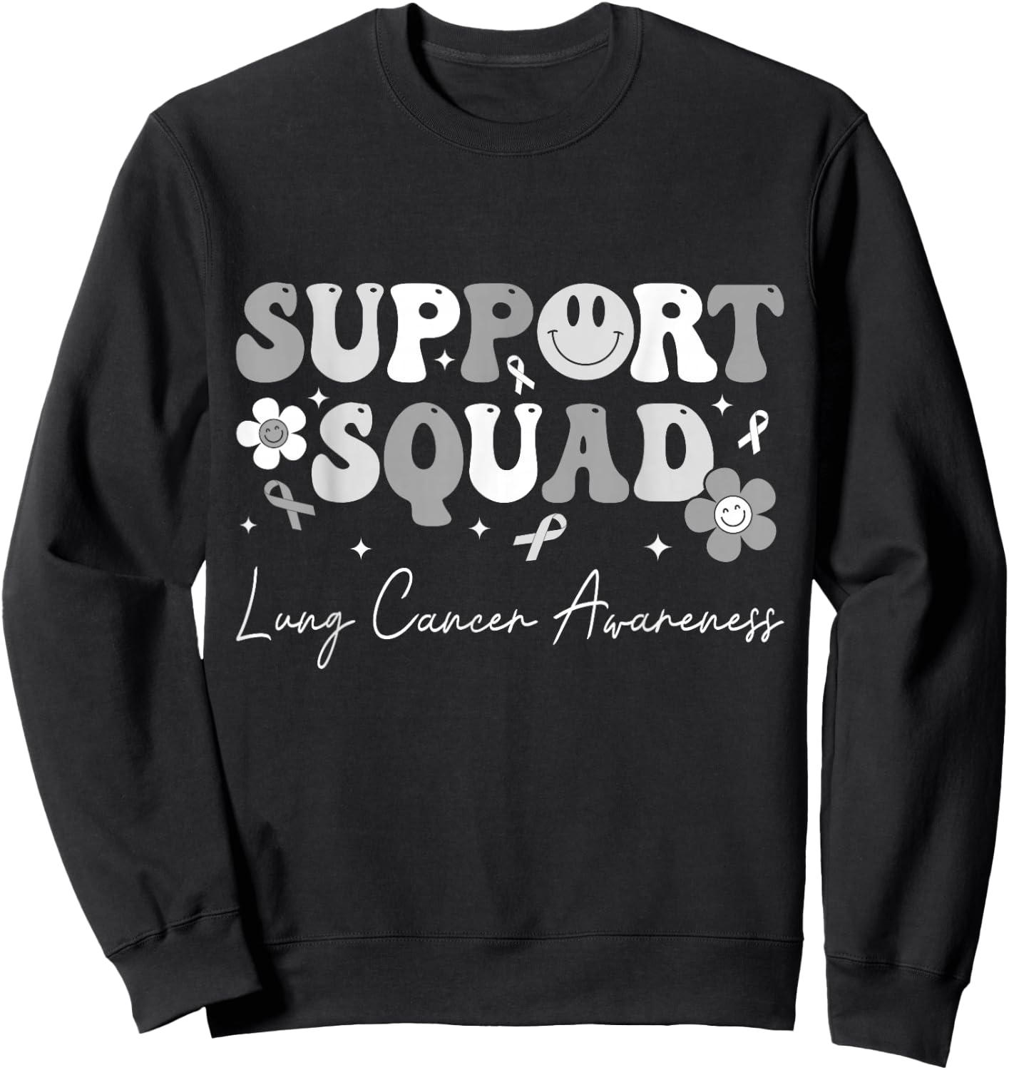 Groovy Support Squad Lung Cancer Awareness White Ribbon Sweatshirt - Sweatshirt | Black