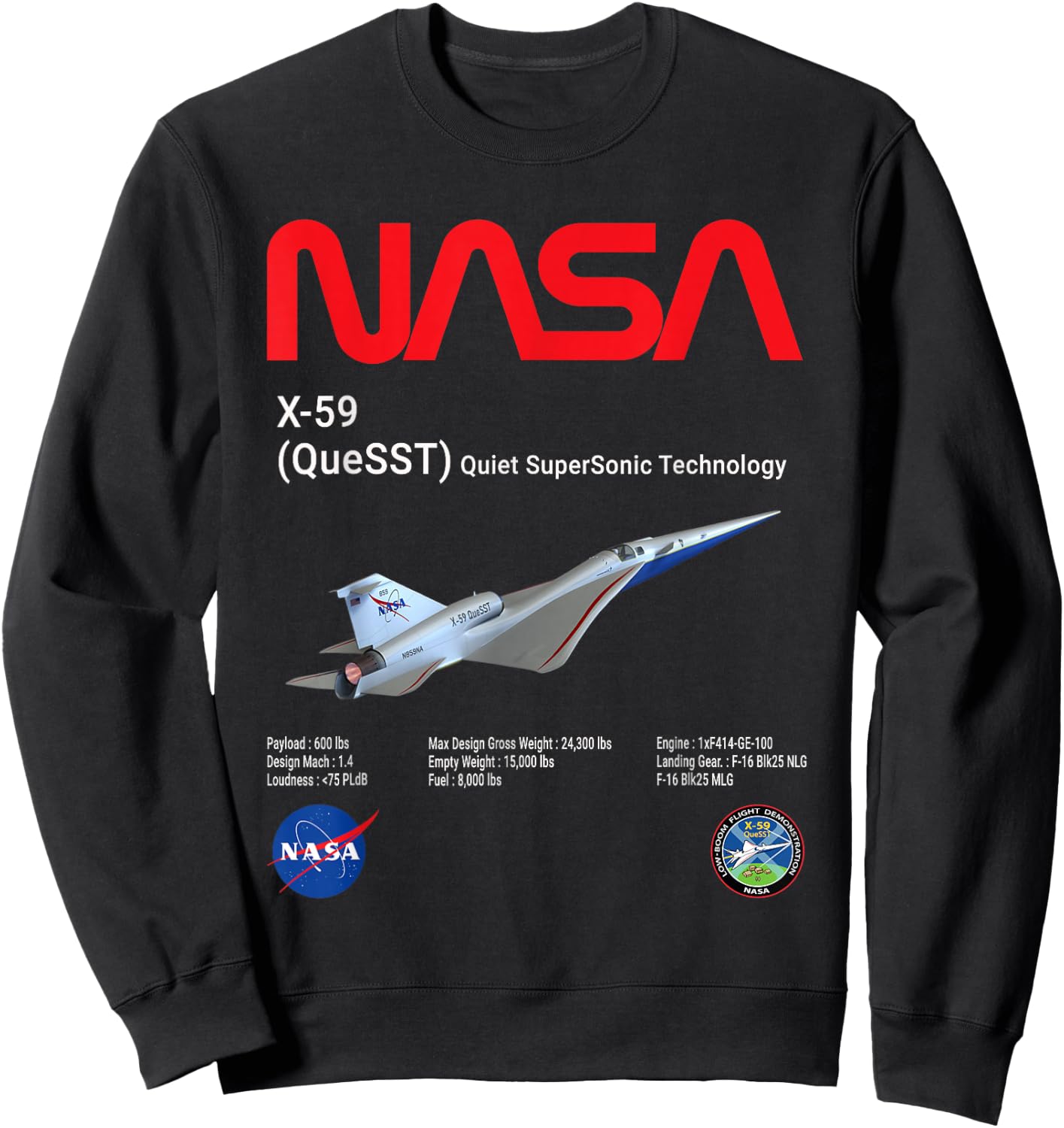 NASA X-59 Quiet-SuperSonic-Technology (QueSST) Sweatshirt - Sweatshirt | Black