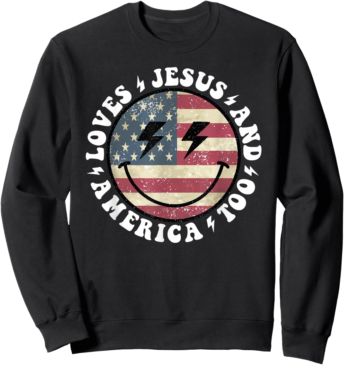 Loves Jesus and America Too God Christian 4th of July retro Sweatshirt - Sweatshirt | Black