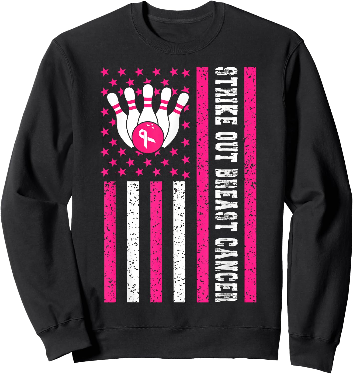 Strike Out Bowling Ribbon USA Flag Breast Cancer Awareness Sweatshirt - Sweatshirt | Black