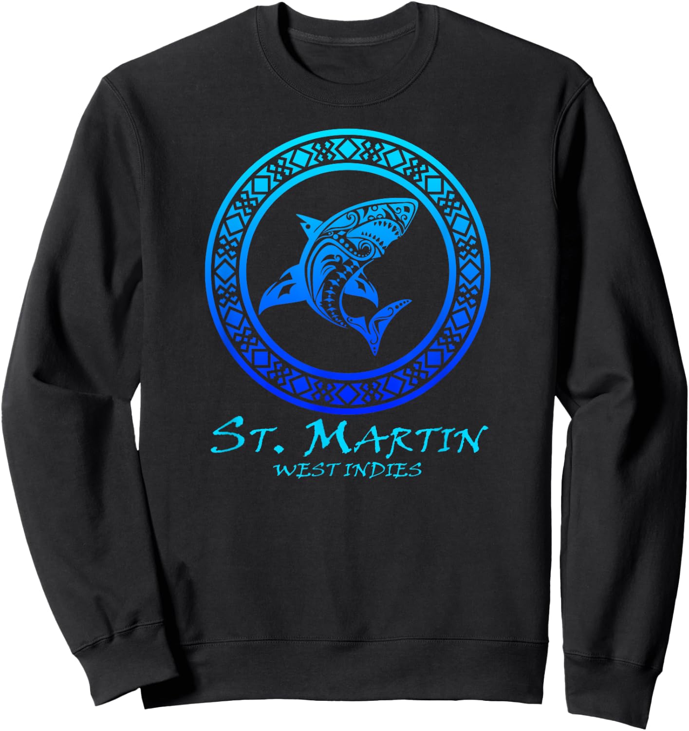 St. Martin, West Indies Vintage Tribal Shark Vacation Sweatshirt - Sweatshirt | Black