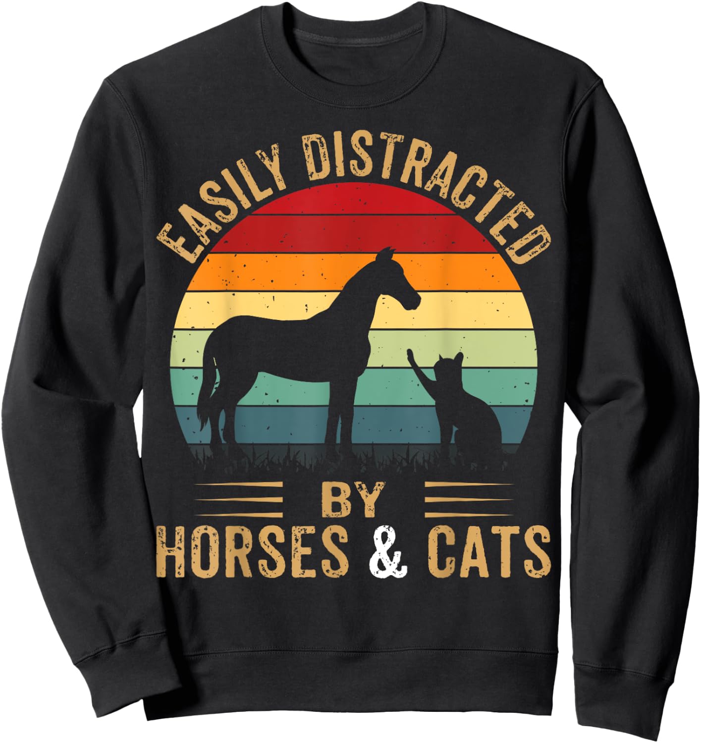 Easily Distracted By Horse And Cats Shirt Horse Riding Girls Sweatshirt - Sweatshirt | Black