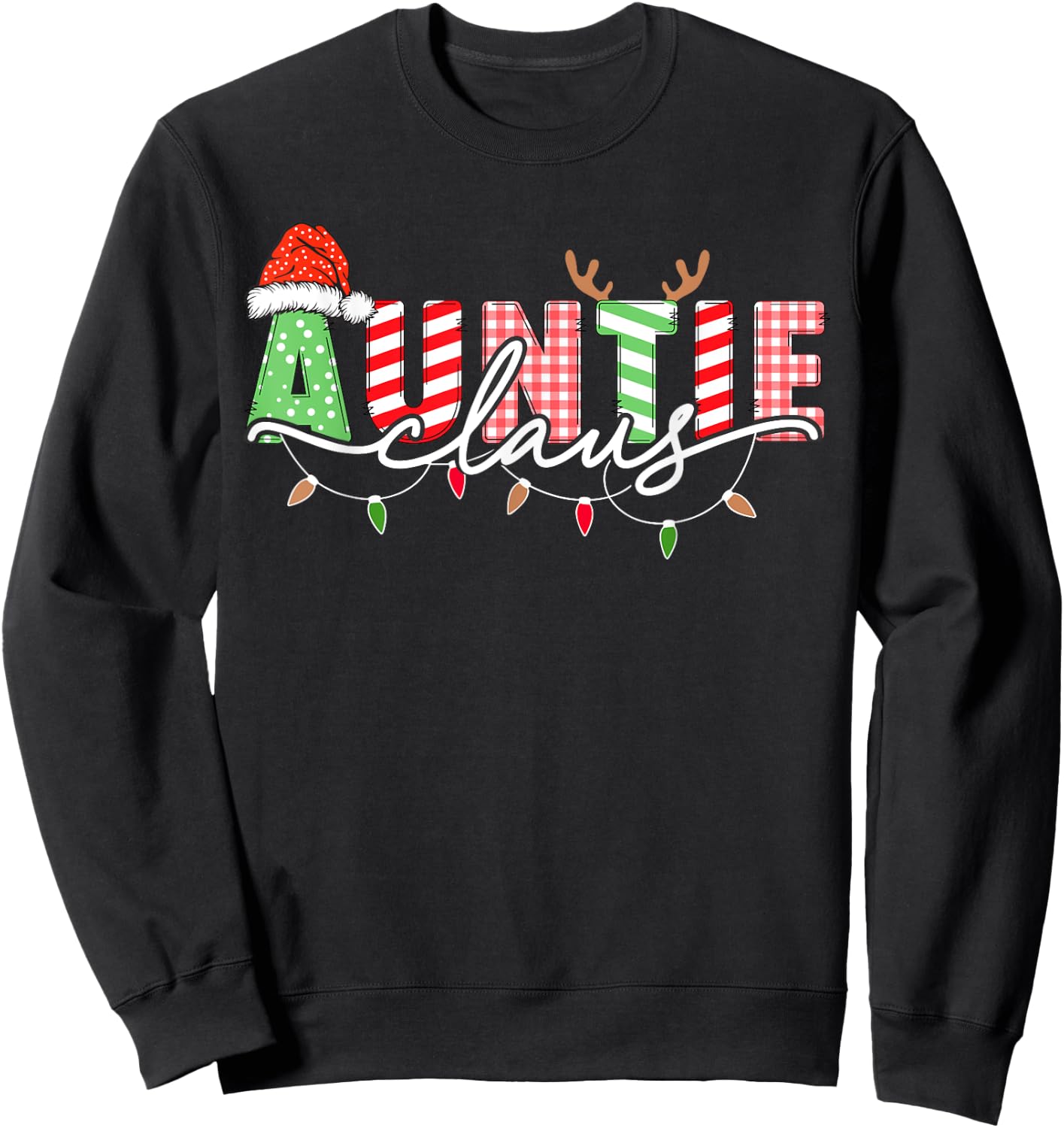 Auntie Claus Xmas Christmas Lights Pajama Family Matching Sweatshirt - Sweatshirt | Black