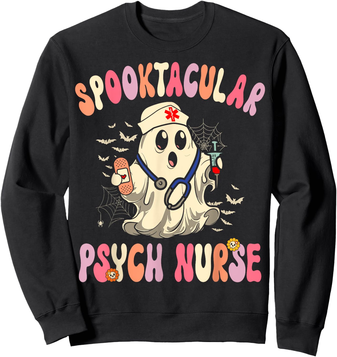 Spooktacular Psych Nurse Retro Halloween Ghost Nursing Sweatshirt - Sweatshirt | Black