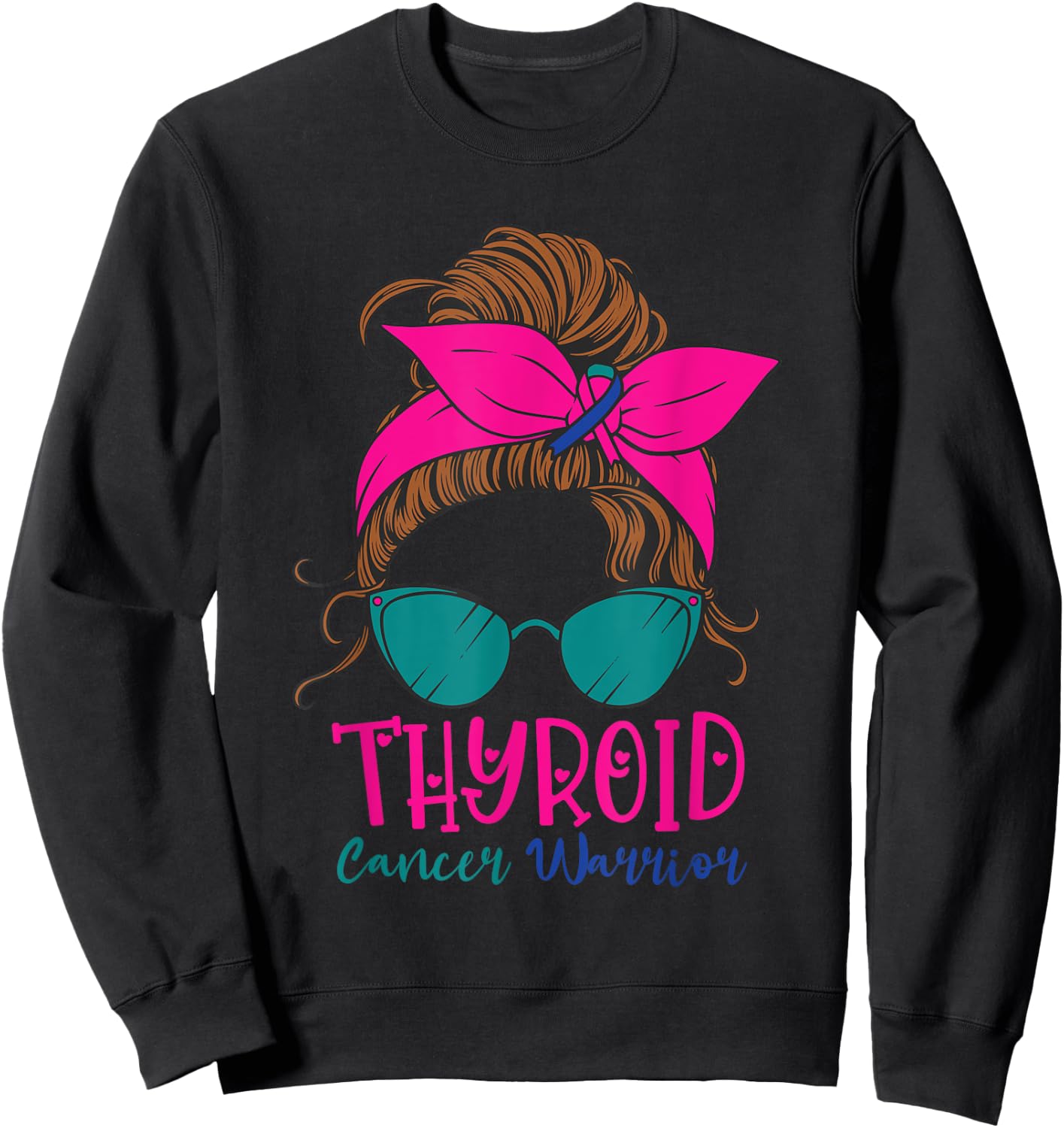 Thyroid Cancer Awareness Warrior Messy Bun Thyroidectomy Sweatshirt - Sweatshirt | Black