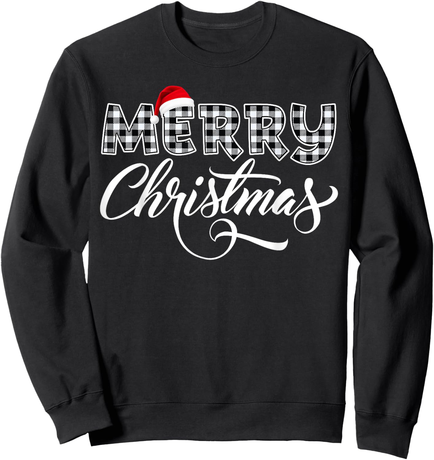 Merry Christmas Buffalo Black and White Plaid Women Sweatshirt - Sweatshirt | Black