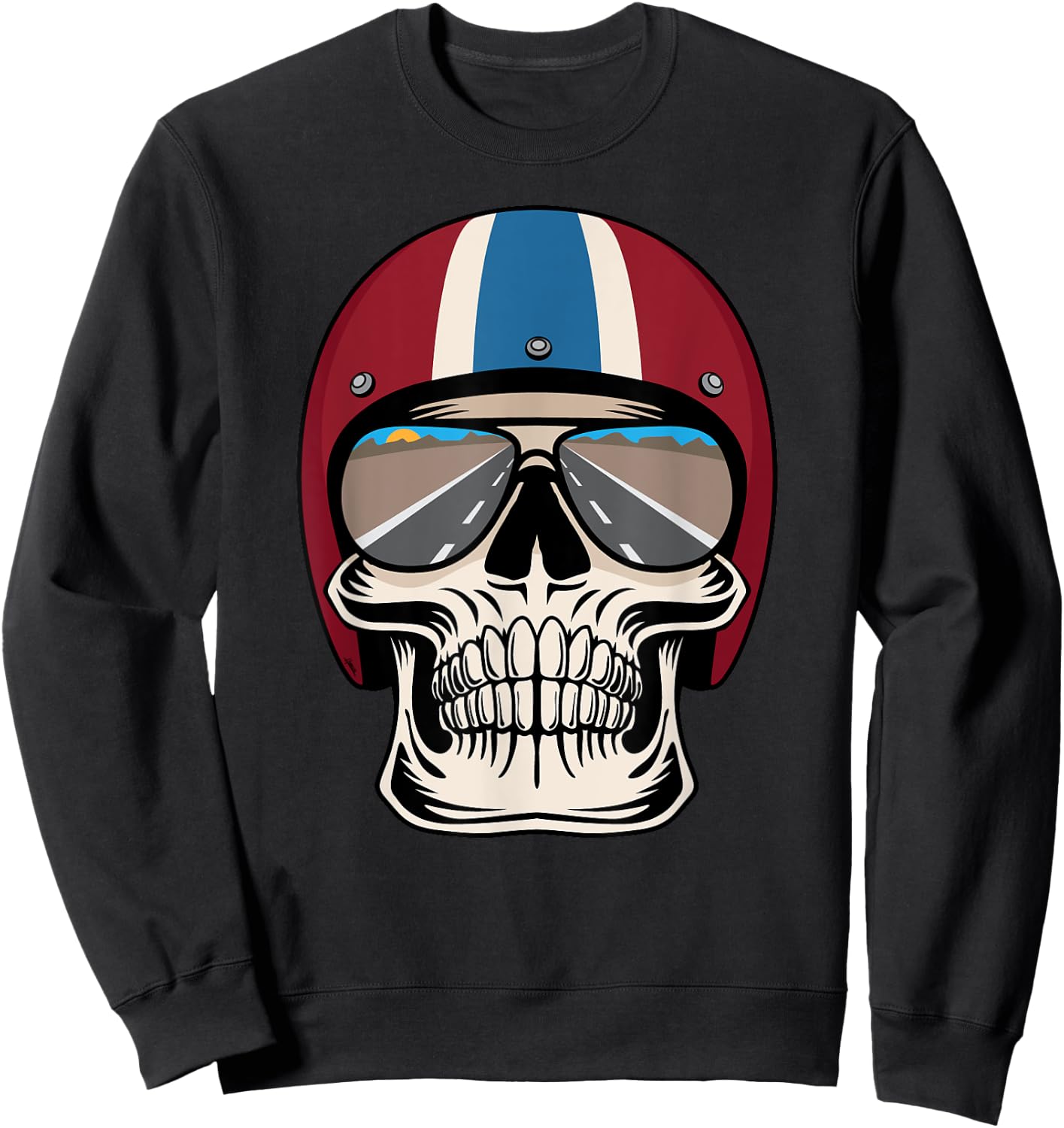 Retro Skull wearing Motorcycle Helmet and Sunglasses Design Sweatshirt - Sweatshirt | Black