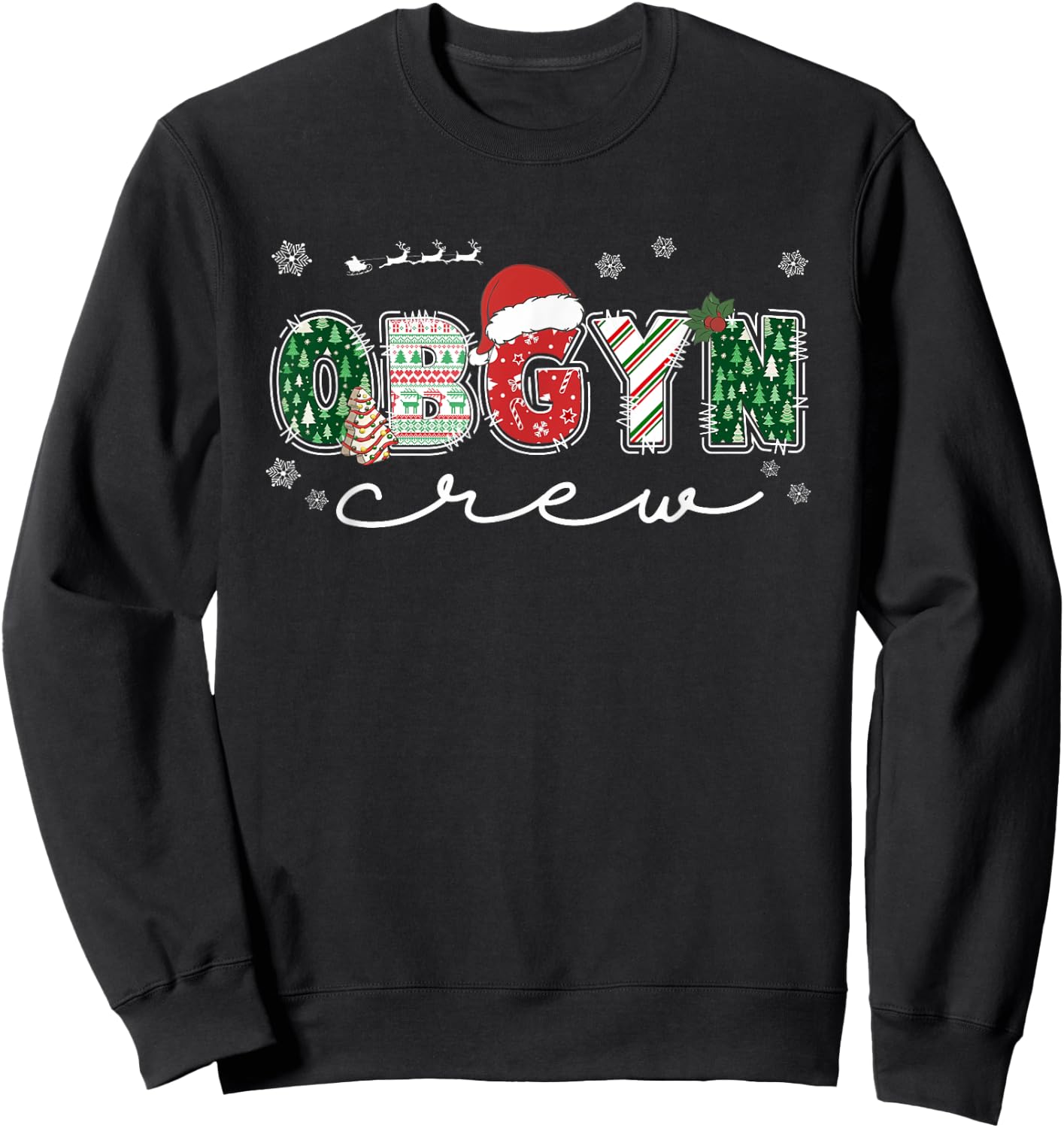 OBGYN Crew Christmas OB Nurse Santa Hat Holiday Pajama Sweatshirt - Sweatshirt | Black