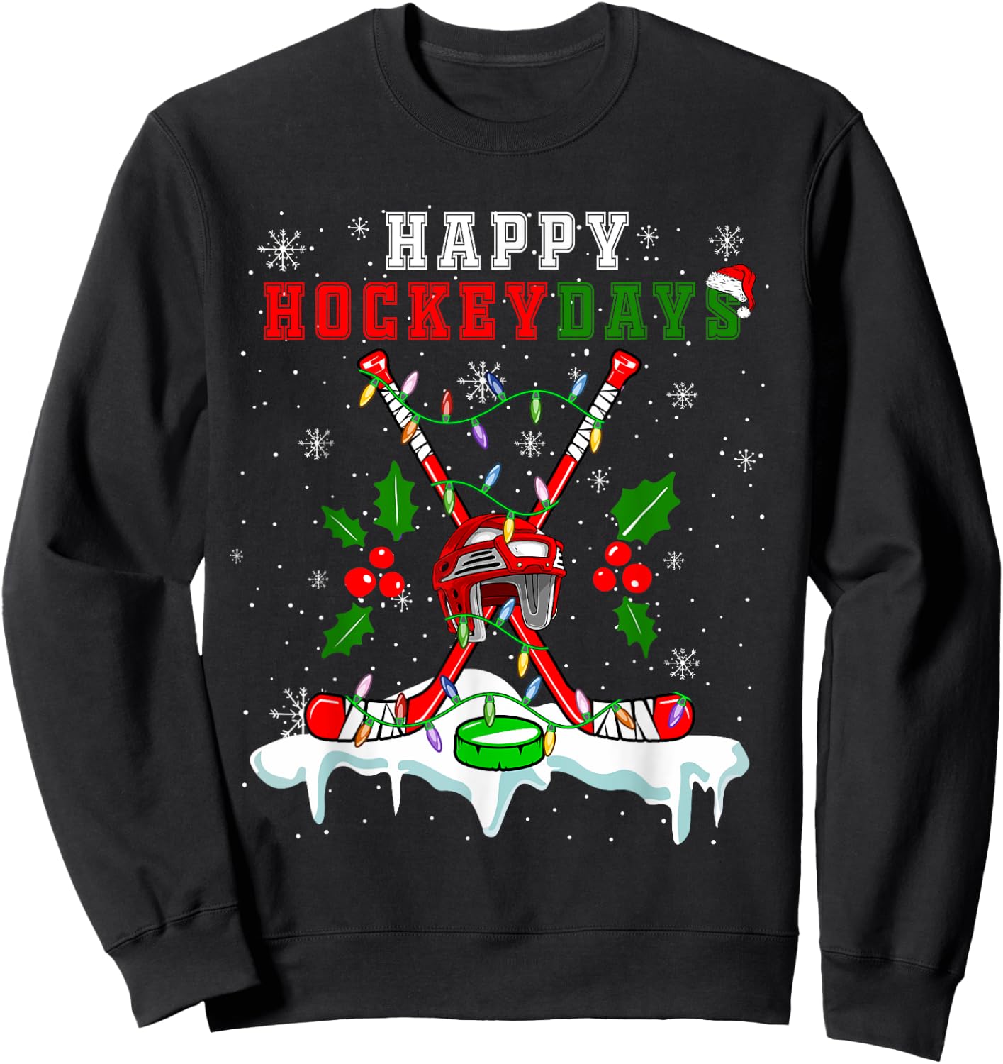 Happy Hockey Xmas Days Ice Hockey Equipment Player Family Sweatshirt - Sweatshirt | Black
