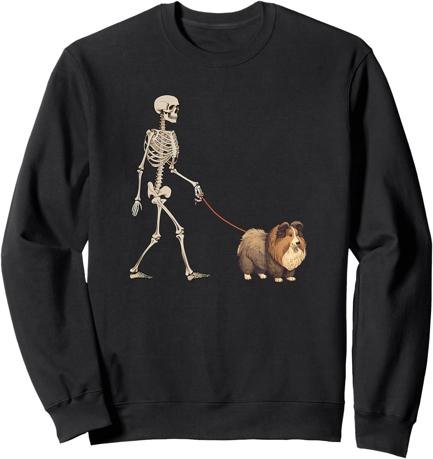 Funny Shetland Sheep Sheltie Skeleton Dog Walking Halloween Men Women Kids Sweatshirt - Sweatshirt | Black