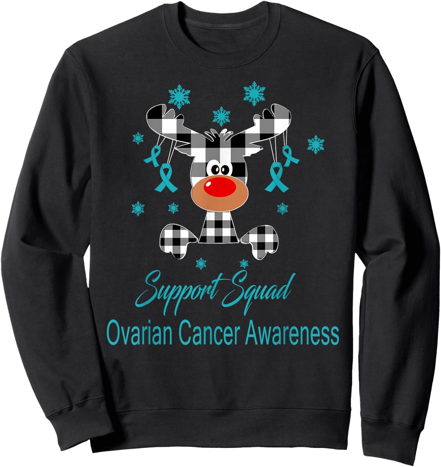 Ovarian Cancer Awareness Christmas Reindeer Teal Ribbon Sweatshirt - Sweatshirt | Black