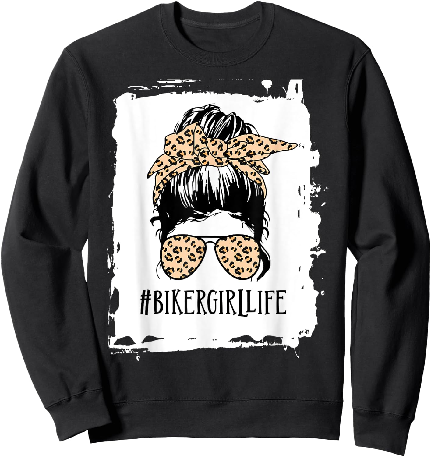 biker girl Life Messy Bun Leopard Sweatshirt - Sweatshirt | Black