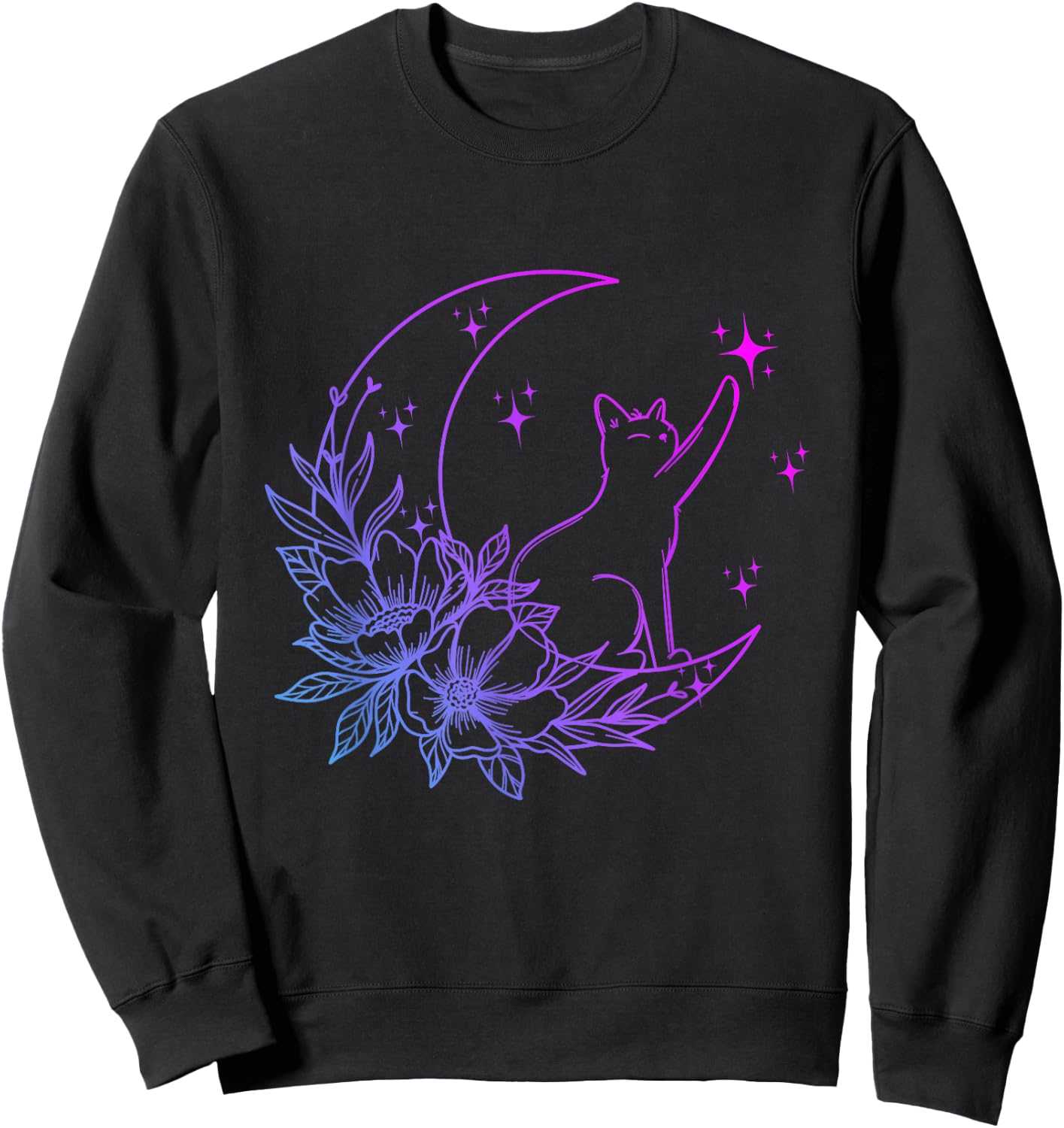 Cat Sitting On Crescent Moon Flowers Stars Women Girls Kids Sweatshirt - Sweatshirt | Black