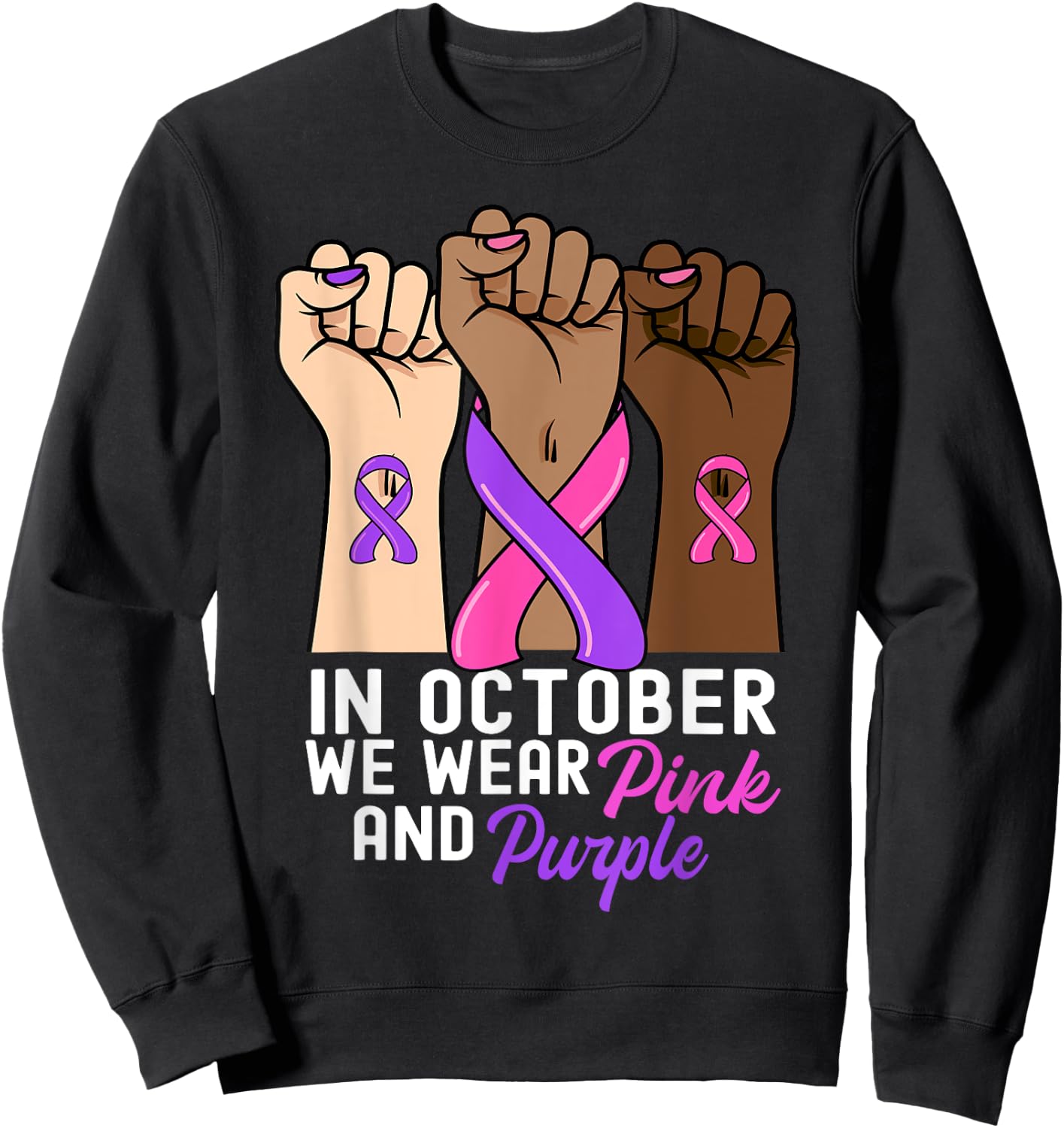 Breast Cancer Domestic Violence Awareness Pink Purple Ribbon Sweatshirt - Sweatshirt | Black