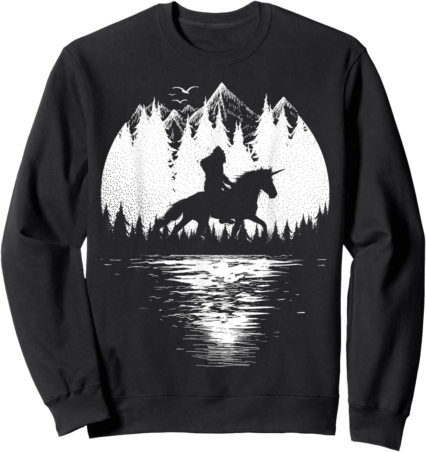 Bigfoot Riding Unicorn amidst Trees! Funny Sasquatch Unicorn Sweatshirt - Sweatshirt | Black