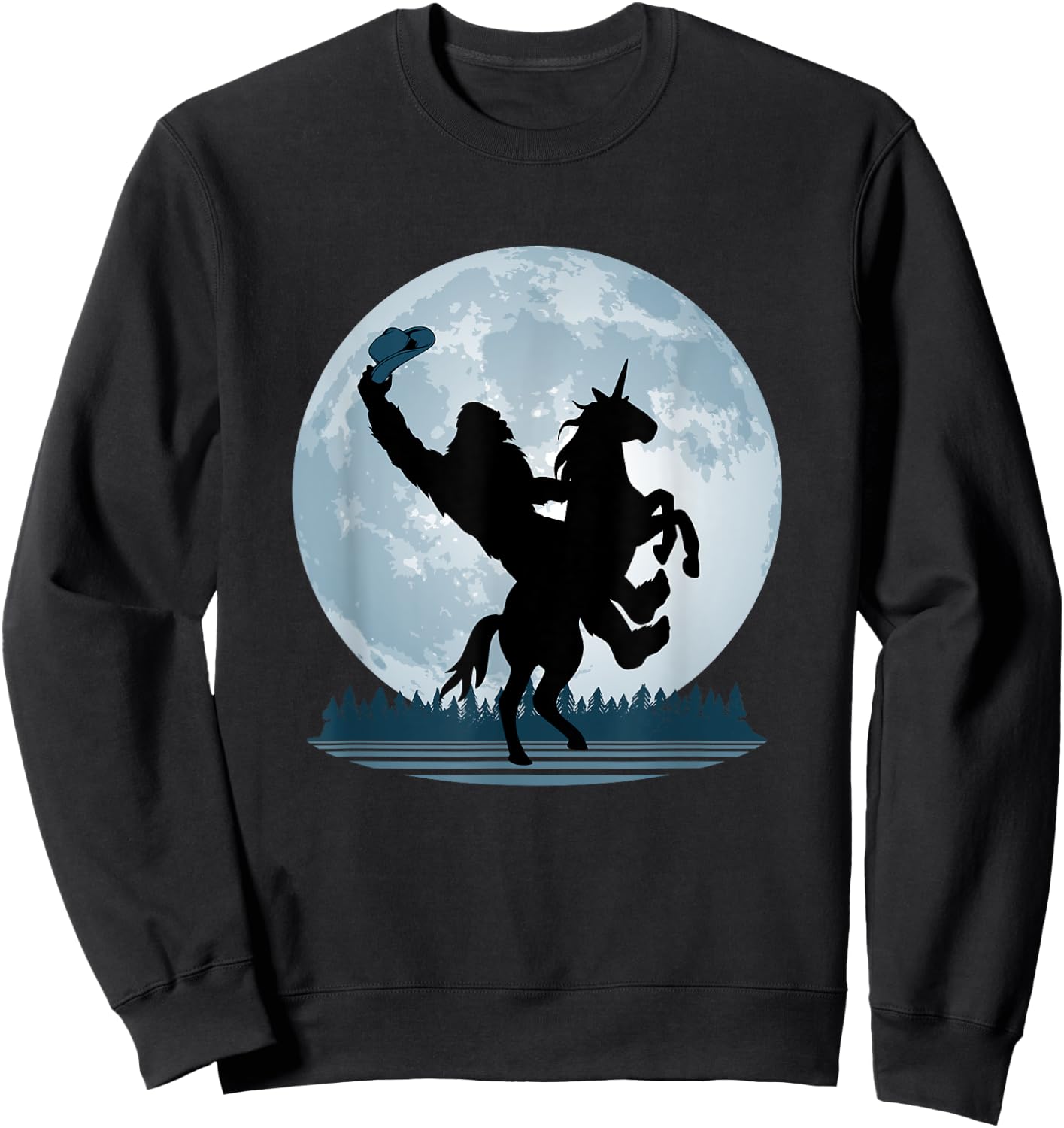 Cowboy Bigfoot on a Unicorn - Sasquatch Full Moon Forest Sweatshirt - Sweatshirt | Black