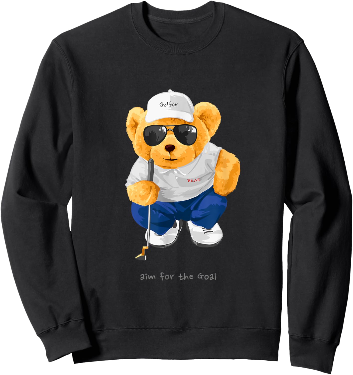 Cool Wild Teddy Bear Playing Golf Style Illustration Graphic Sweatshirt - Sweatshirt | Black