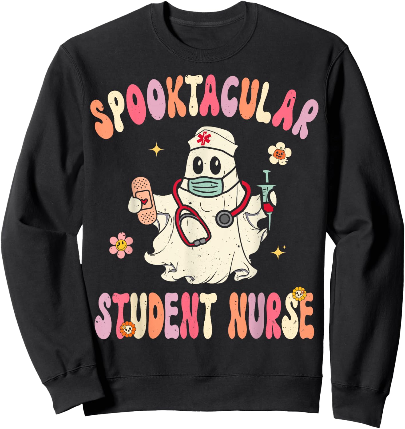 Spooktacular Student Nurse Retro Halloween Ghost Nursing Sweatshirt - Sweatshirt | Black
