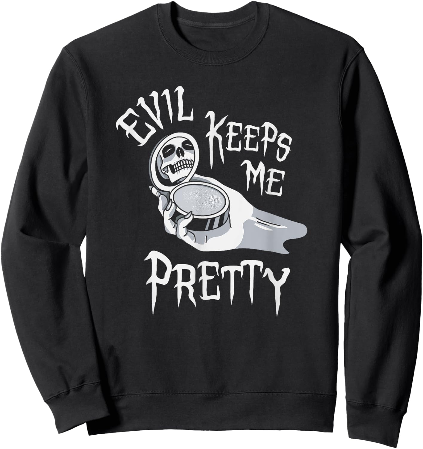 Evil Keeps Me Pretty Cosmetic Makeup Compact Skeleton Skull Sweatshirt - Sweatshirt | Black