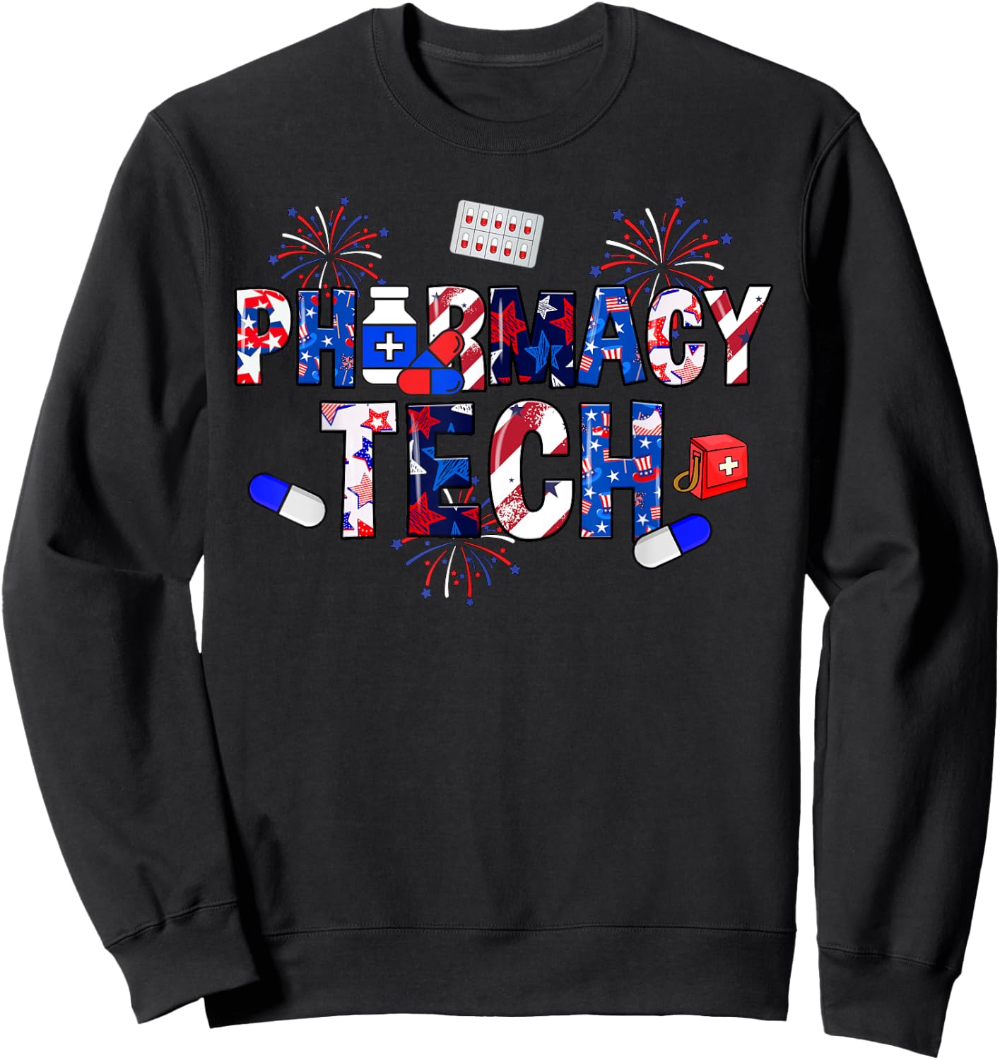 Pharmacy Tech Stethoscope USA Flag Patriotic 4th Of July Men Sweatshirt - Sweatshirt | Black