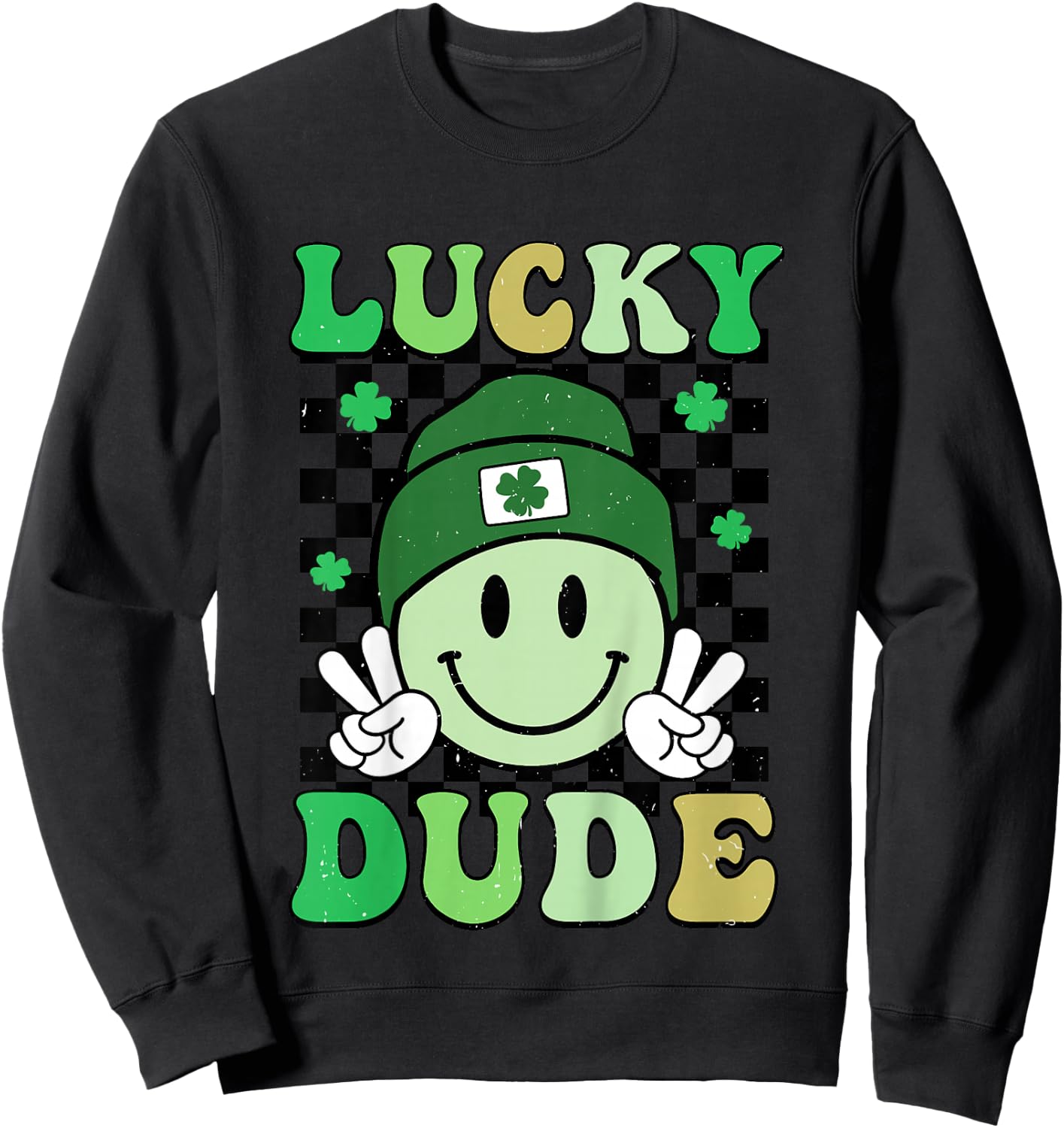 Kids Groovy Lucky Dude Shamrock Smile Boys Kids St. Patrick's Day Sweatshirt - Sweatshirt | Black