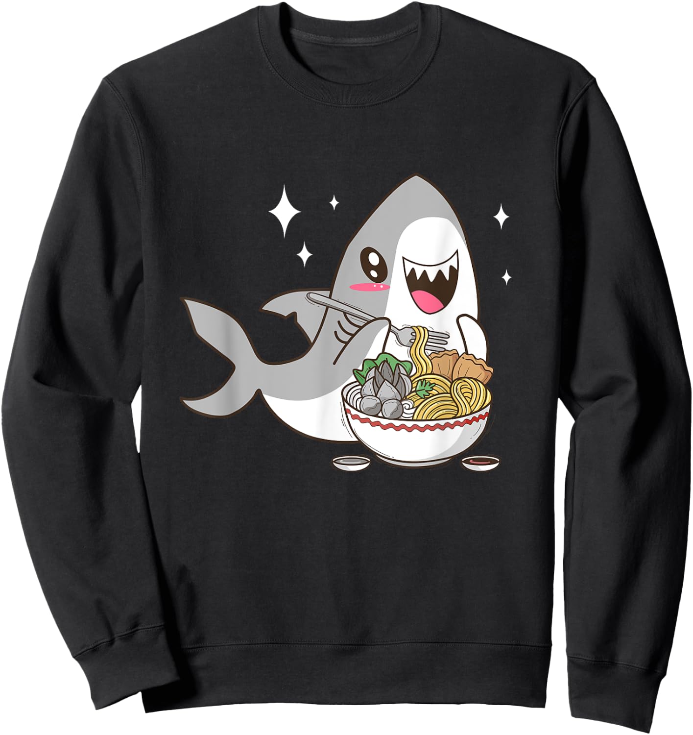 Cute Japanese Anime Chibi Kawaii Shark Eat Ramen Kids Girls Sweatshirt - Sweatshirt | Black