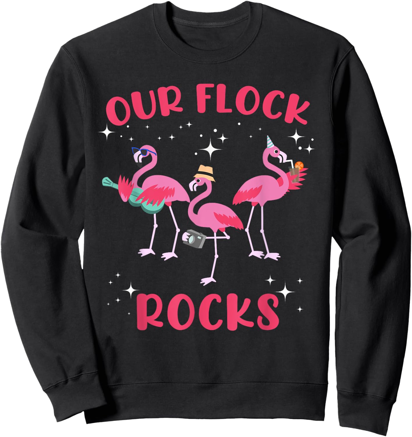 Our Flock Rocks Flamingo Matching Family Vacation Group Sweatshirt - Sweatshirt | Black