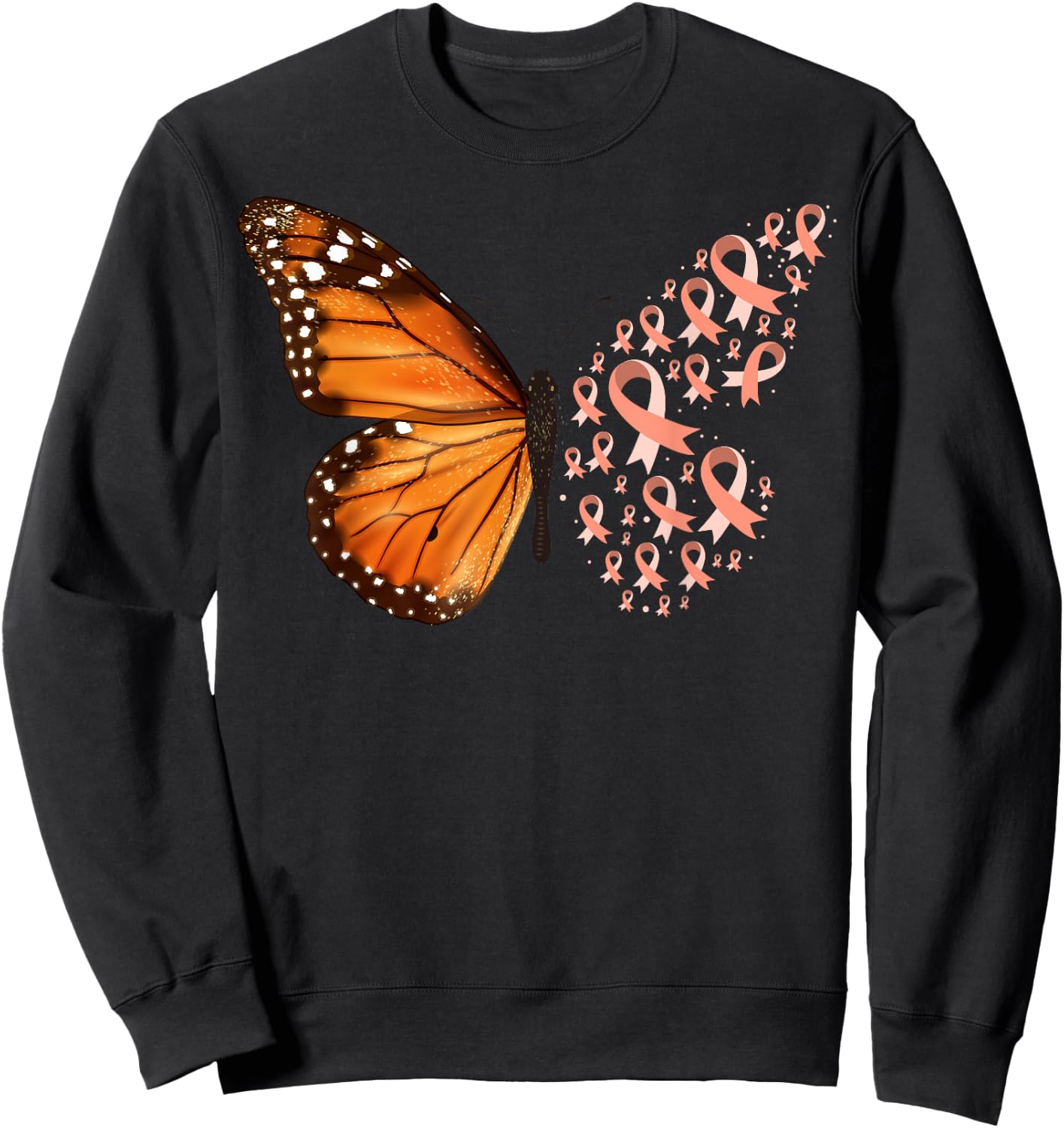 Endometrial Cancer Awareness Butterfly Peach Ribbon Month Sweatshirt - Sweatshirt | Black