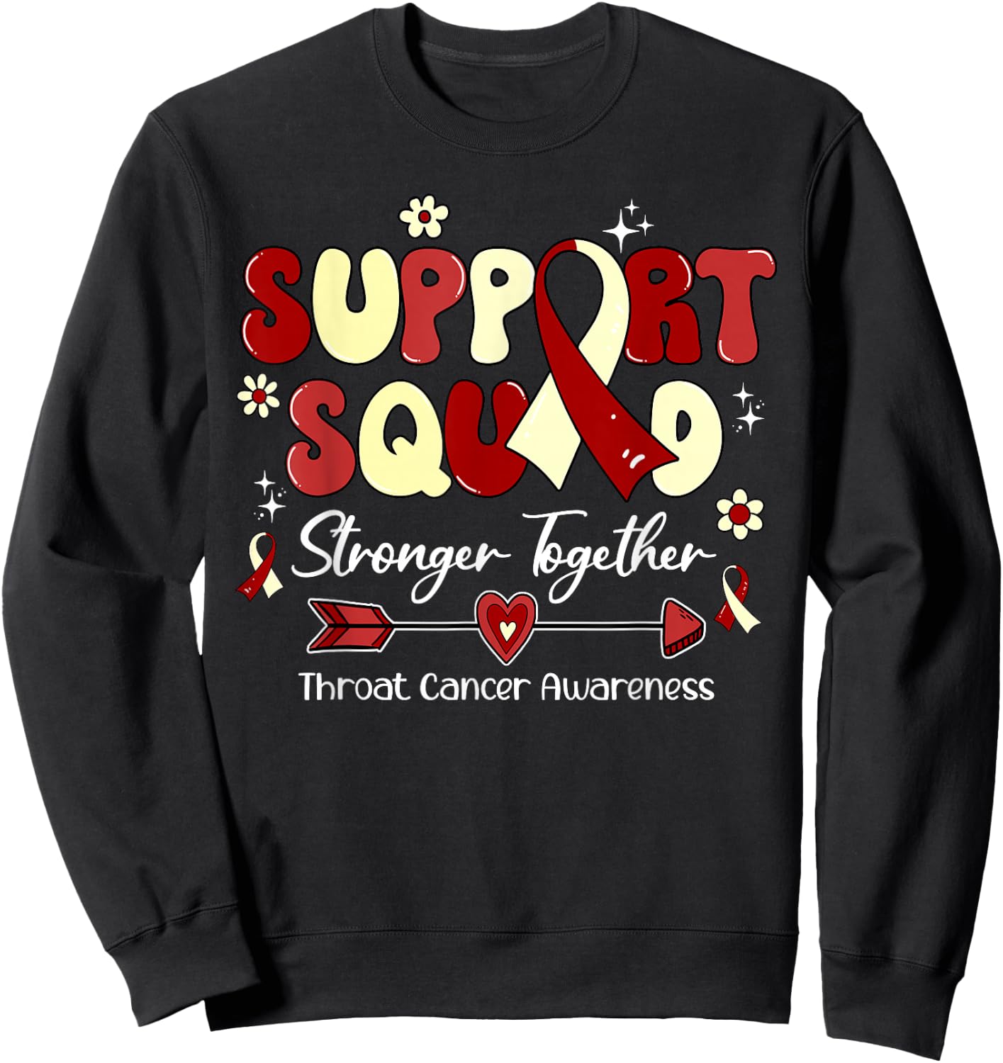 Groovy Support Squad Burgundy Ribbon Throat Cancer Awareness Sweatshirt - Sweatshirt | Black