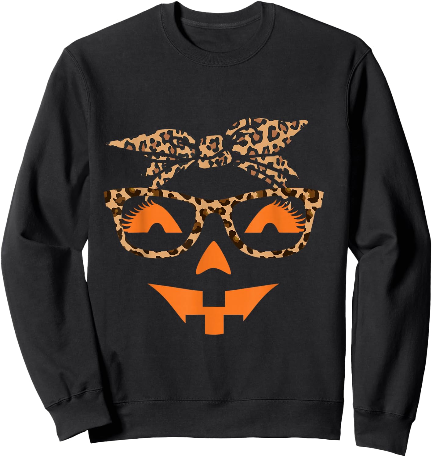 Jack O Lantern Face Leopard Halloween Pumpkin Women Sweatshirt - Sweatshirt | Black