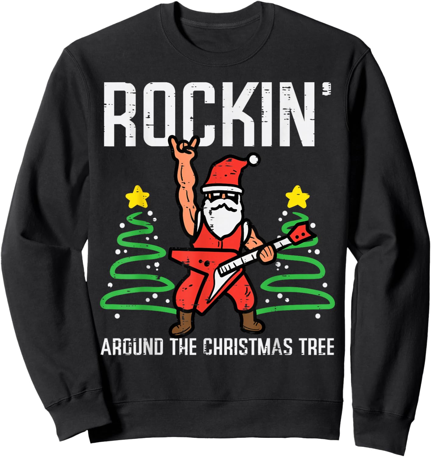 Santa Guitar Rockin Christmas Tree Funny Xmas Rocker Men Boy Sweatshirt - Sweatshirt | Black