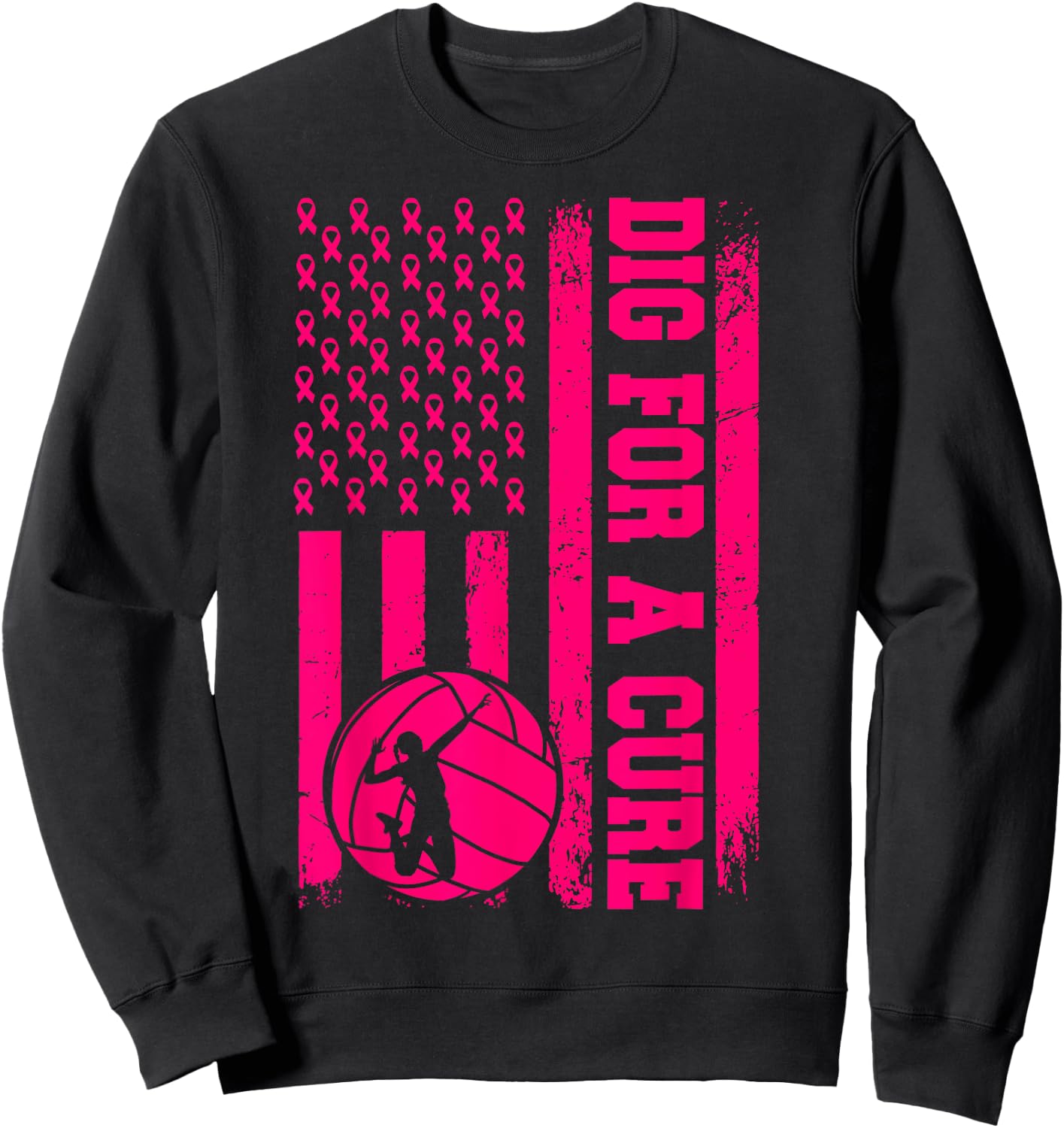 Dig For A Cure Breast Cancer Volleyball Pink American Flag Sweatshirt - Sweatshirt | Black