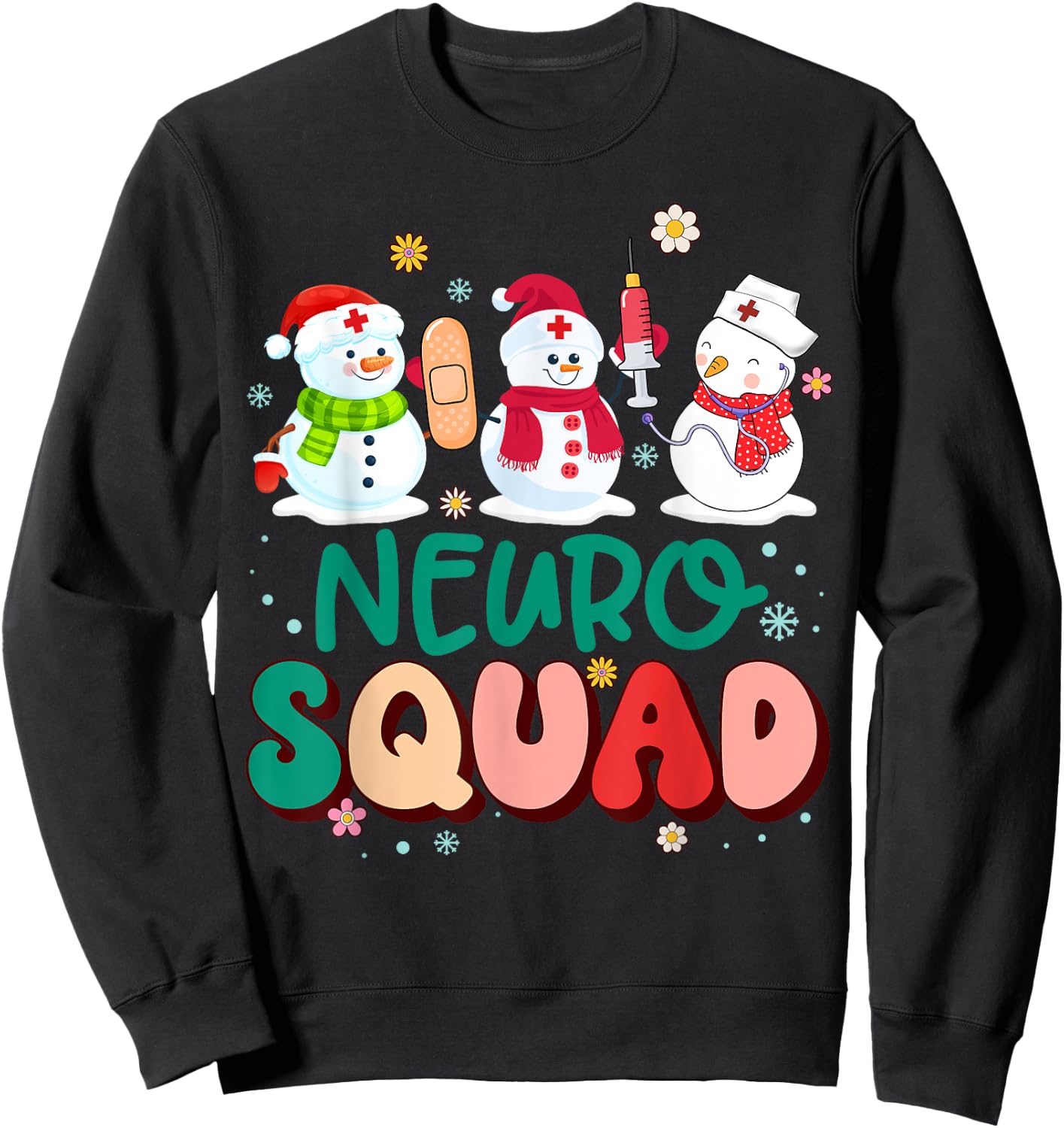 Retro Groovy Neuro Squad Nurse Snowman Stethoscope Christmas Sweatshirt - Sweatshirt | Black