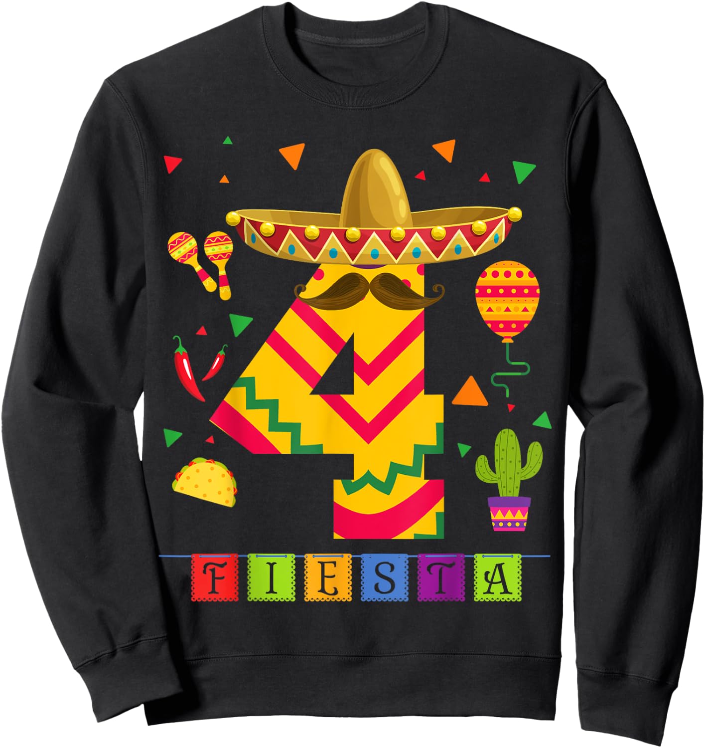 Kids 4th Birthday Fiesta Mexican Themed Party 4 Year Old Boy Sweatshirt - Sweatshirt | Black