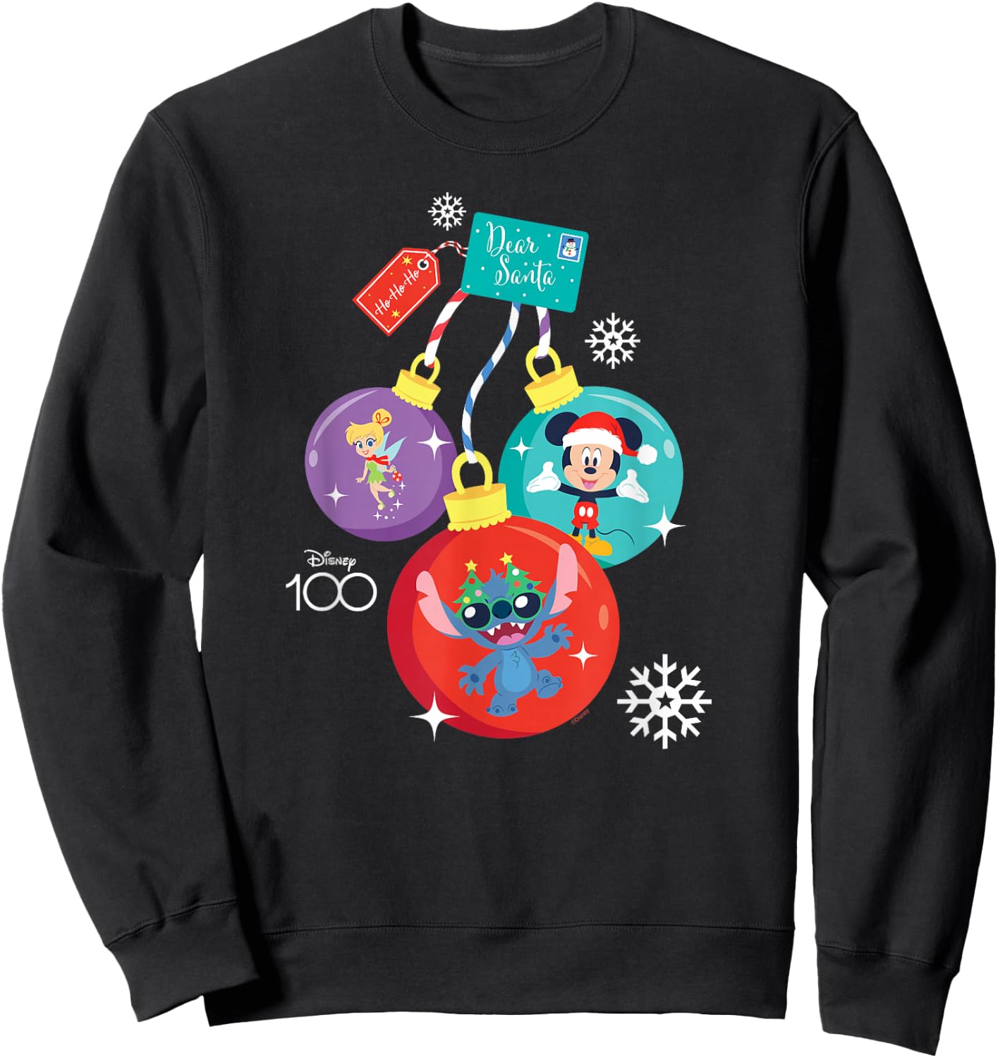 Disney 100 Mickey Stitch Tinker Bell Christmas Ornaments Sweatshirt - Sweatshirt | Black