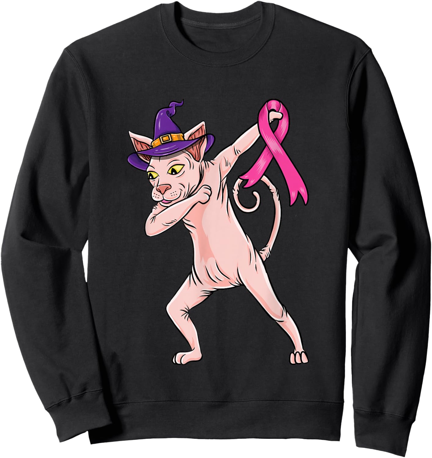 Dabbing Witch Sphynx Cat Breast Cancer Halloween Sweatshirt - Sweatshirt | Black