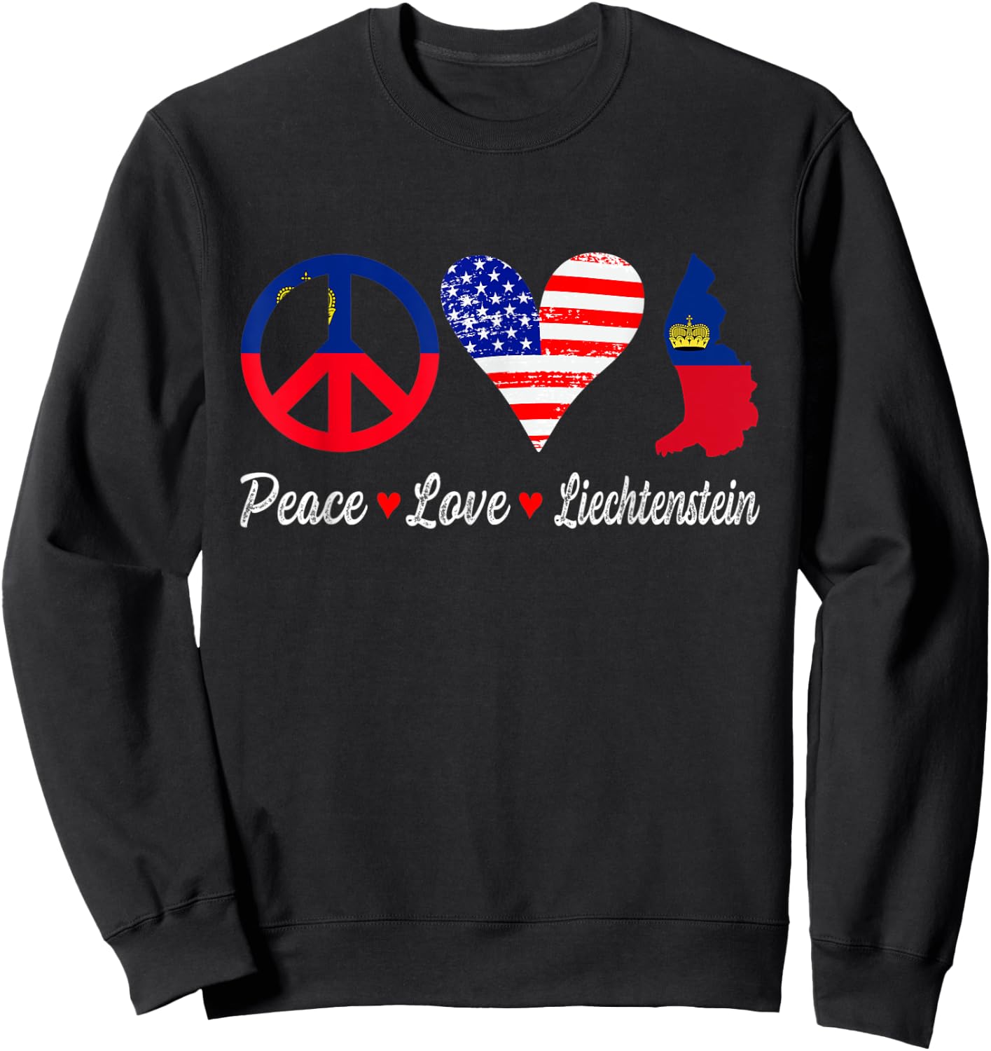 Peace Love Liechtenstein Flag Map American Patriotic Kids Men Sweatshirt - Sweatshirt | Black