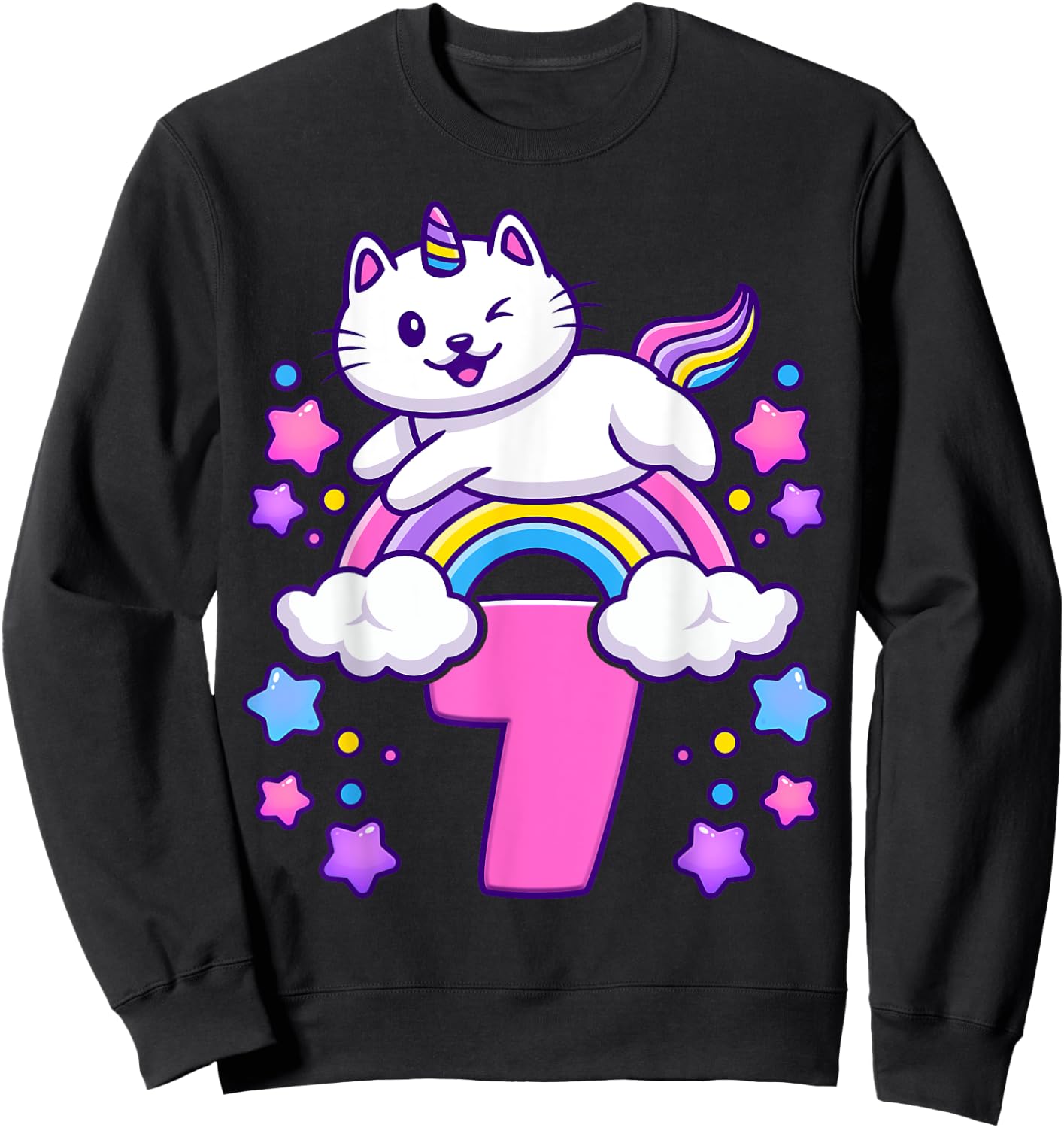 Birthday girl 7 years old, cat, unicorn, 7th birthday Sweatshirt - Sweatshirt | Black