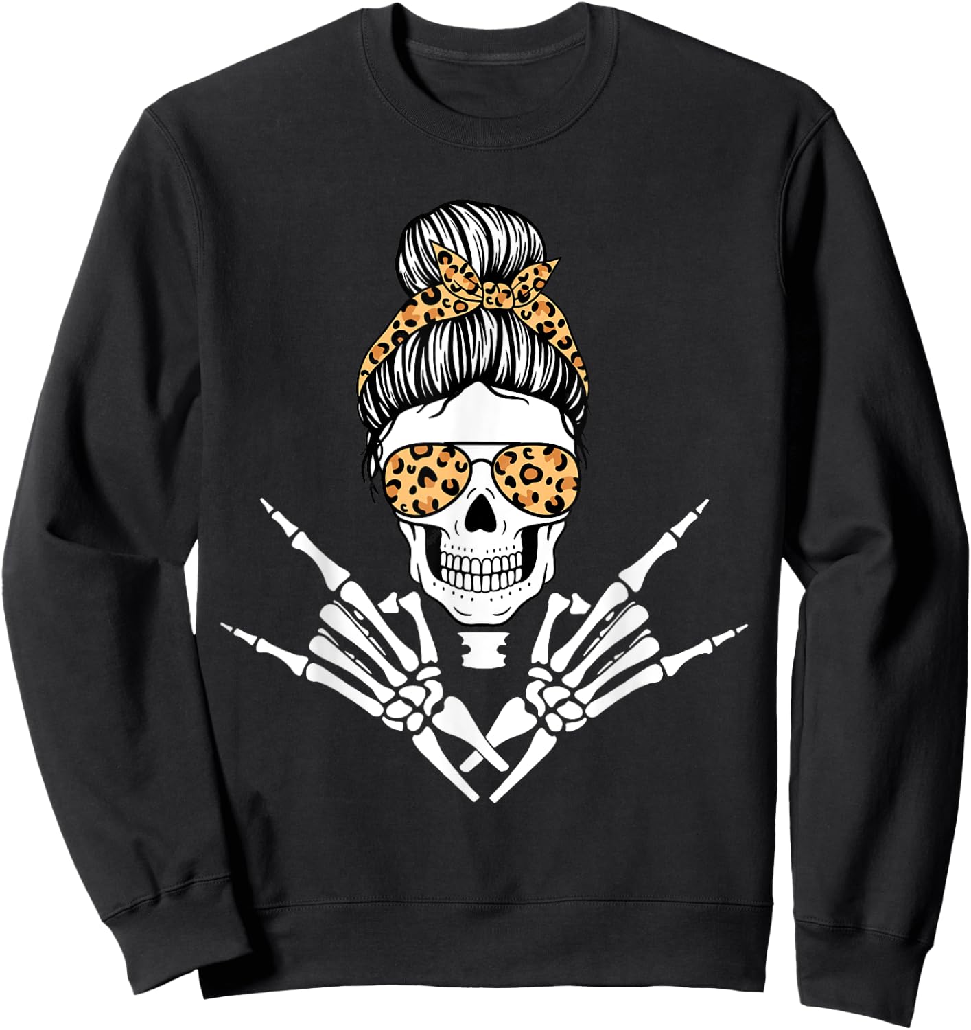 Rocker Skeleton Hand Rock On Leopard Messy Bun Halloween Sweatshirt - Sweatshirt | Black
