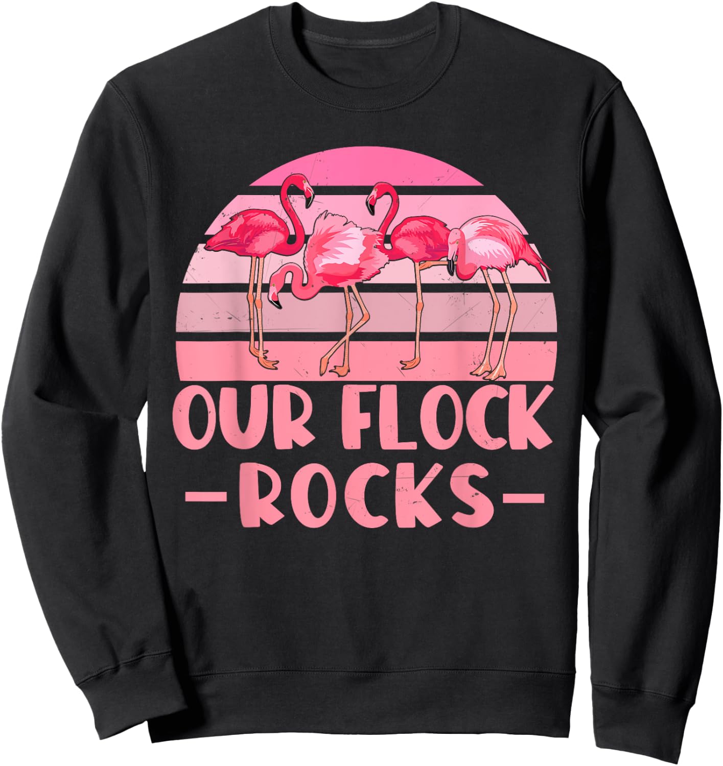 Our Flock Rocks Flamingos Lover Family Vacation Group Sweatshirt - Sweatshirt | Black