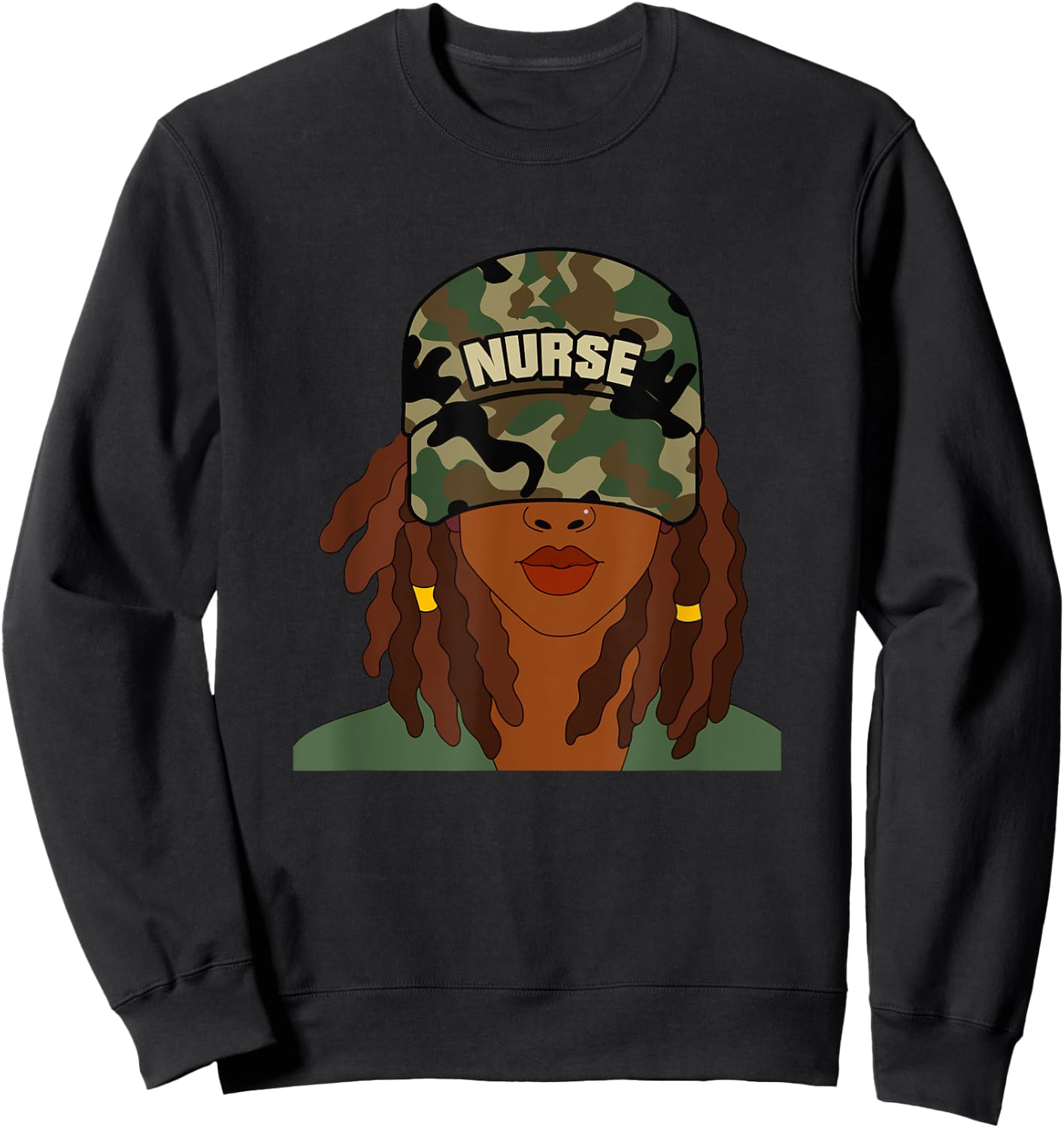 African American Nurse LPN Camo Camouflage Hat Locs Sweatshirt - Sweatshirt | Black