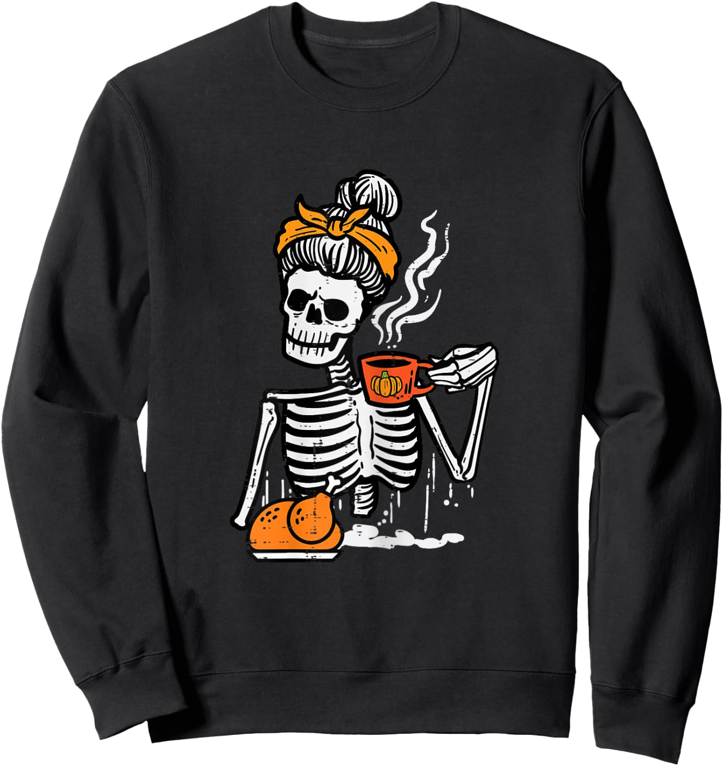 Thanksgiving Skeleton Messy Bun Pumpkin Coffee Women Girls Sweatshirt - Sweatshirt | Black